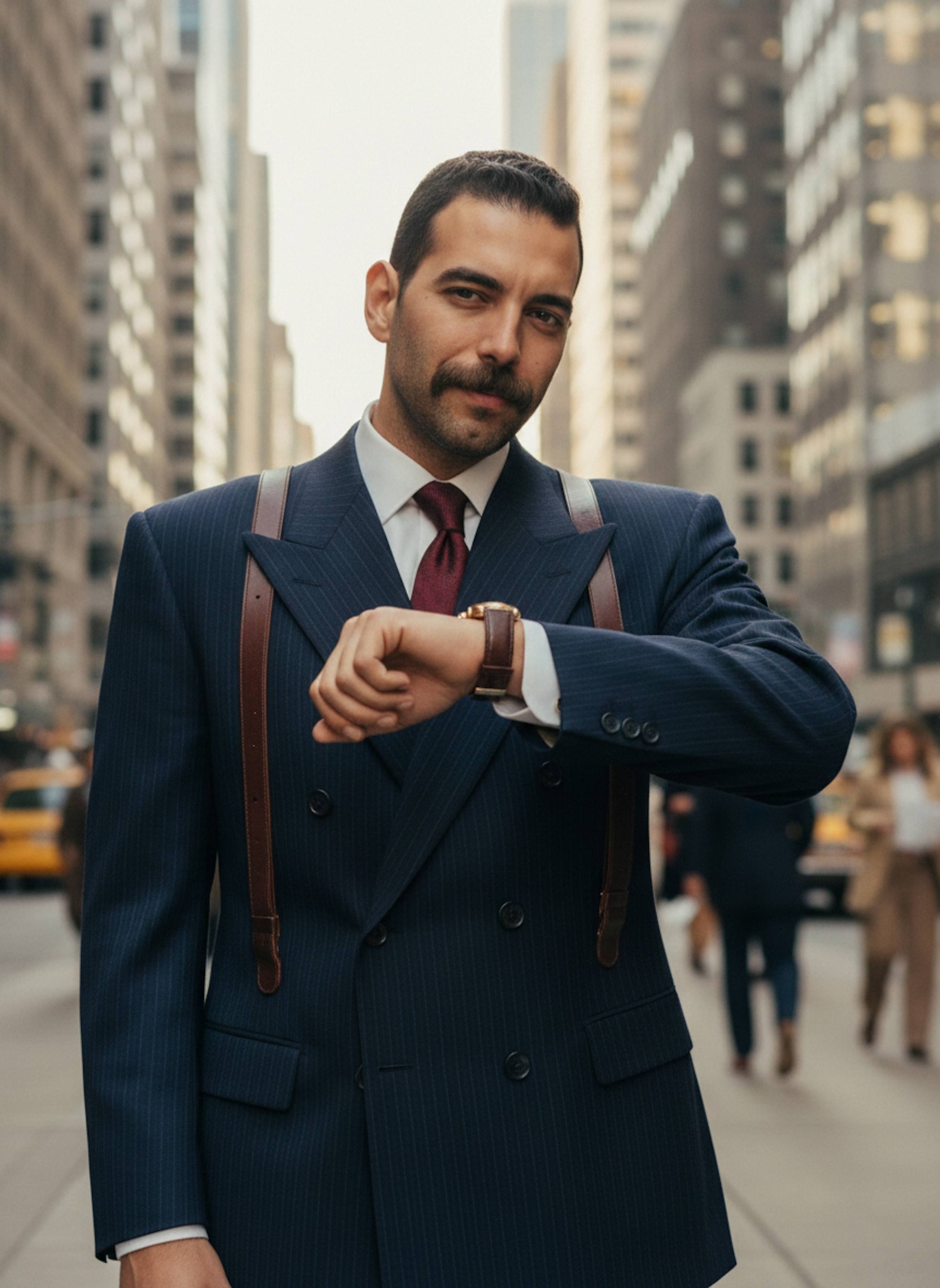 Person in oversized 1980s pinstripe power suit checking vintage watch in financial district