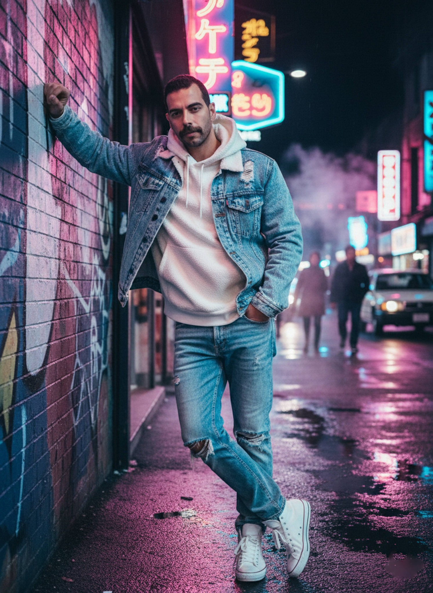 Person in denim jacket and acid-wash jeans leaning on graffiti wall on neon-lit 1980s street