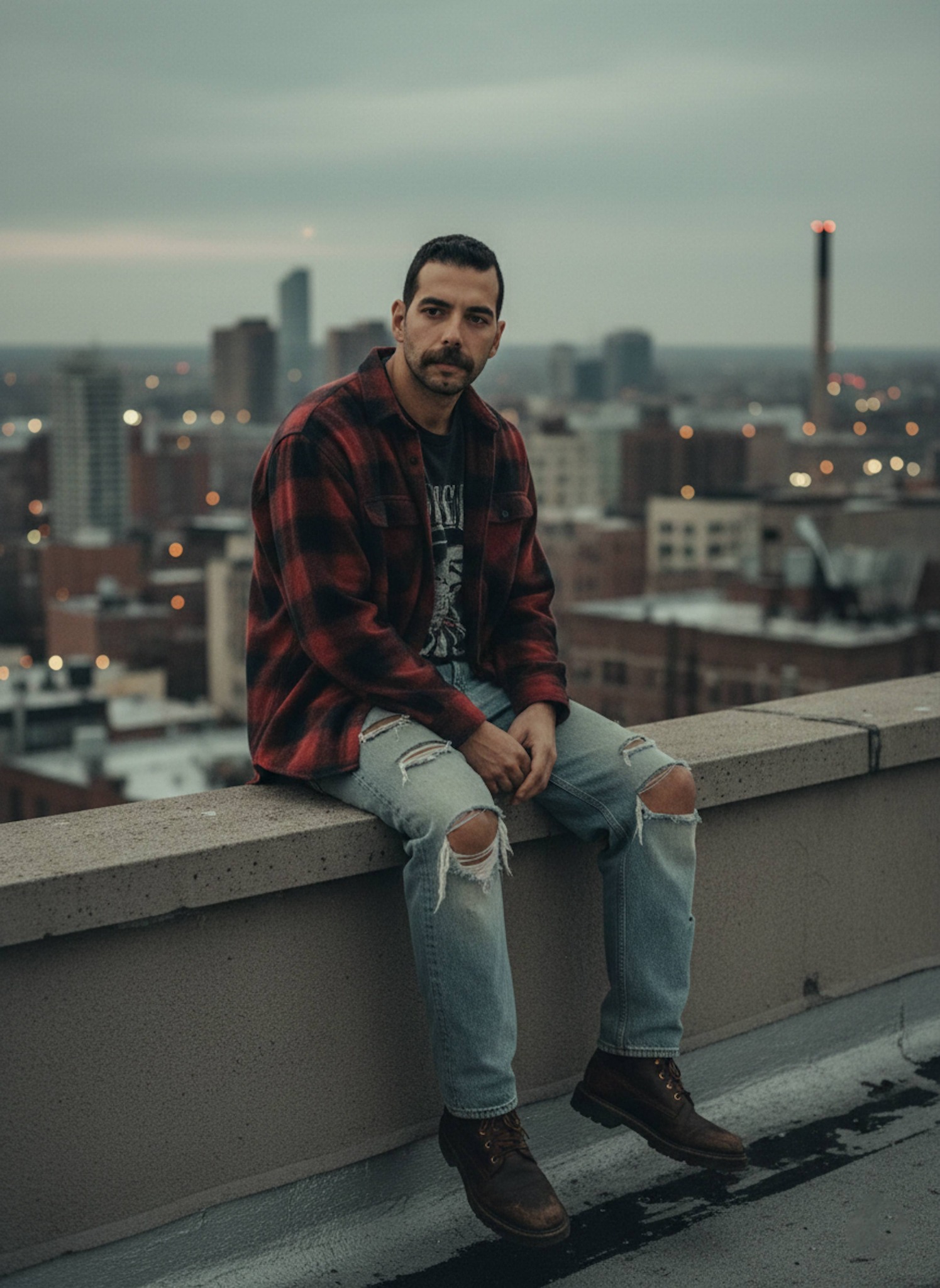 Person in flannel shirt and ripped jeans sitting on edge of 1990s metropolitan rooftop