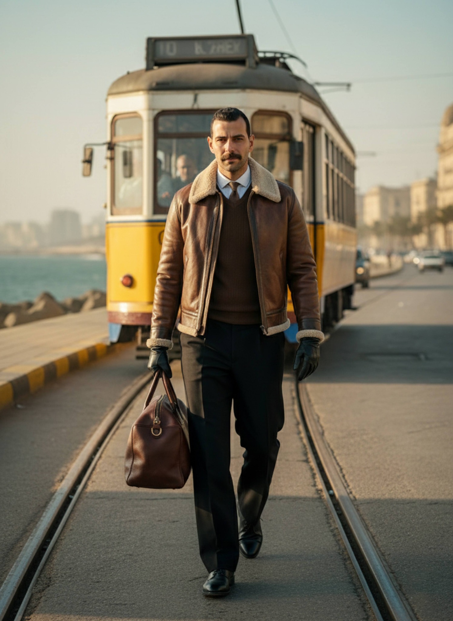 Person in a leather aviator jacket walking alongside a historic yellow Alexandria tram on a sunny coastal street