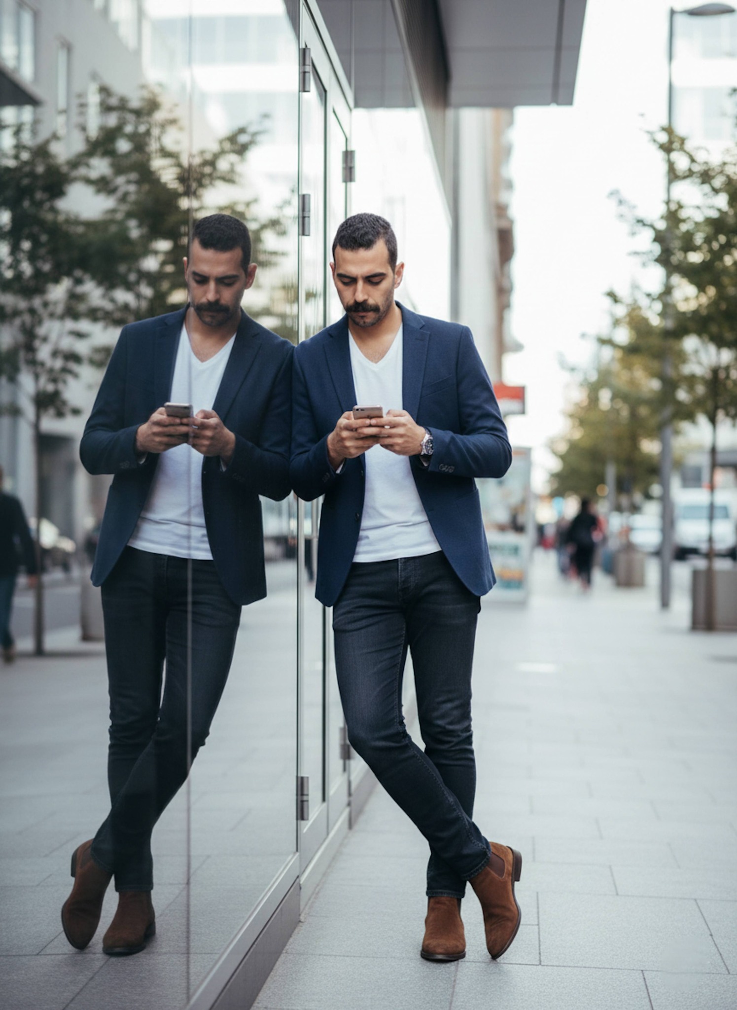 Person in slim navy blazer and Chelsea boots checking phone on trendy 2010s city street