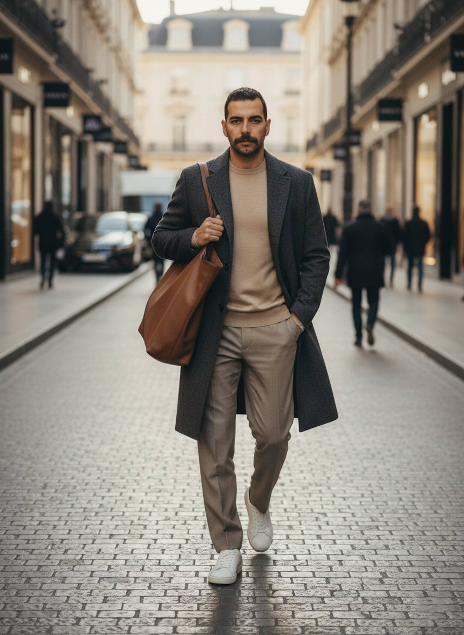 Person wearing cashmere overcoat in luxury shopping district with cinematic lighting