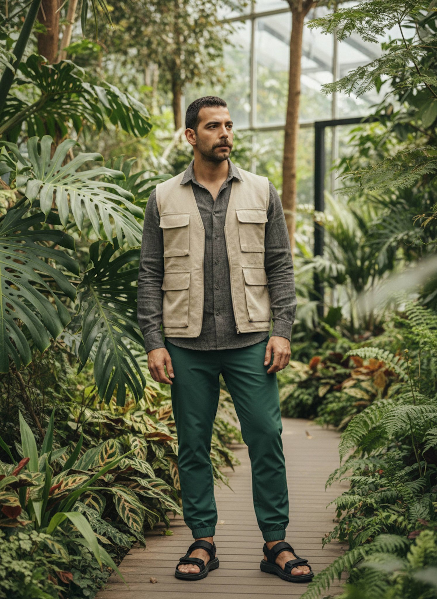 Person in sustainable linen outfit standing in a lush botanical garden with warm sunlight