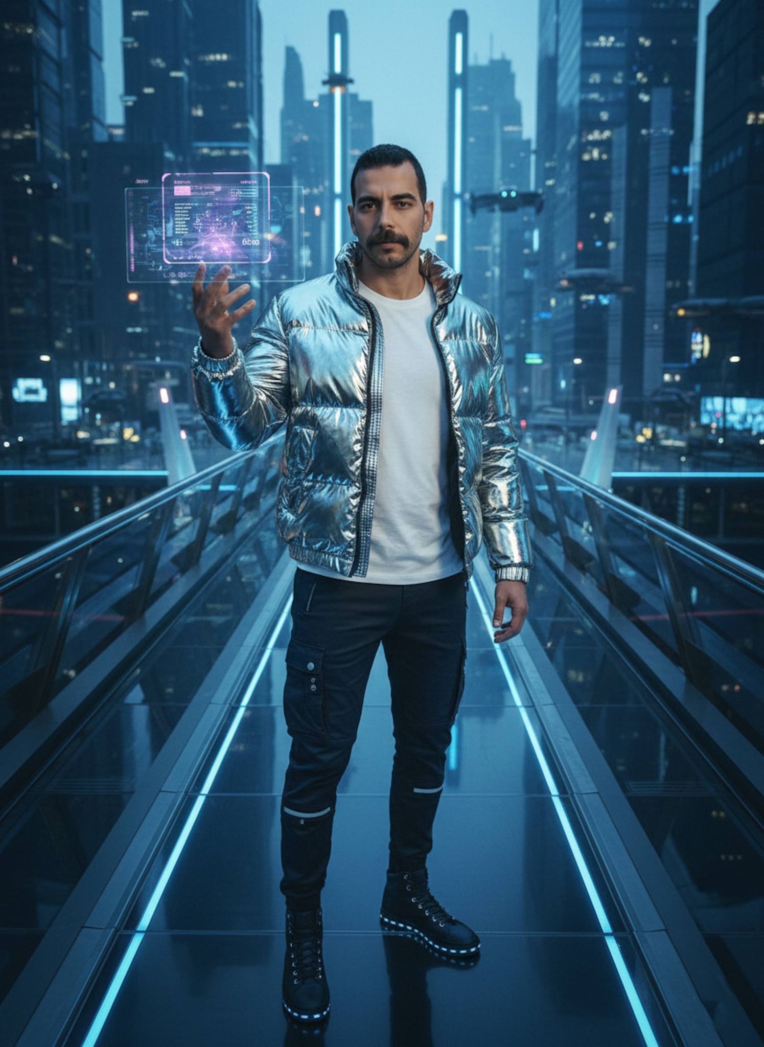 Person wearing reflective liquid-metal jacket on a futuristic bridge with neon city lights