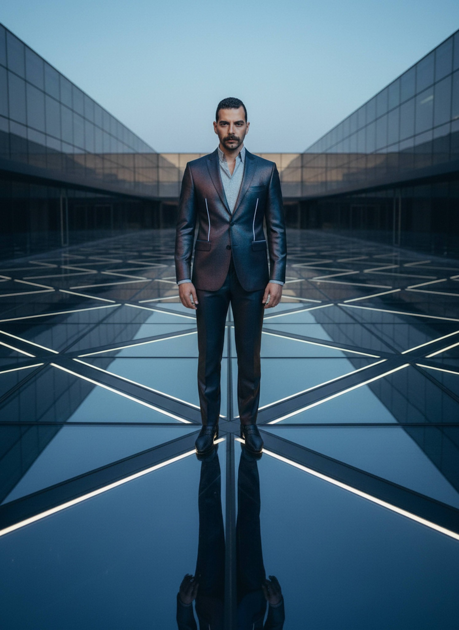 Person in iridescent smart-fabric suit standing in a hyper-modern glass plaza