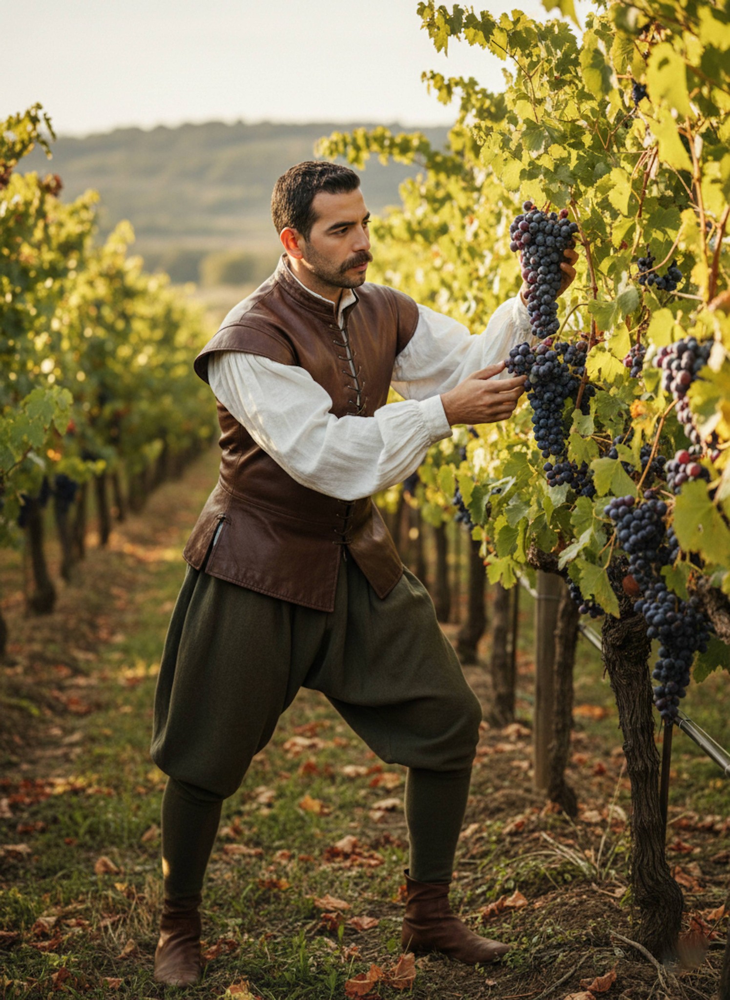 Person wearing leather jerkin and linen shirt reaching for a vine in a Renaissance vineyard