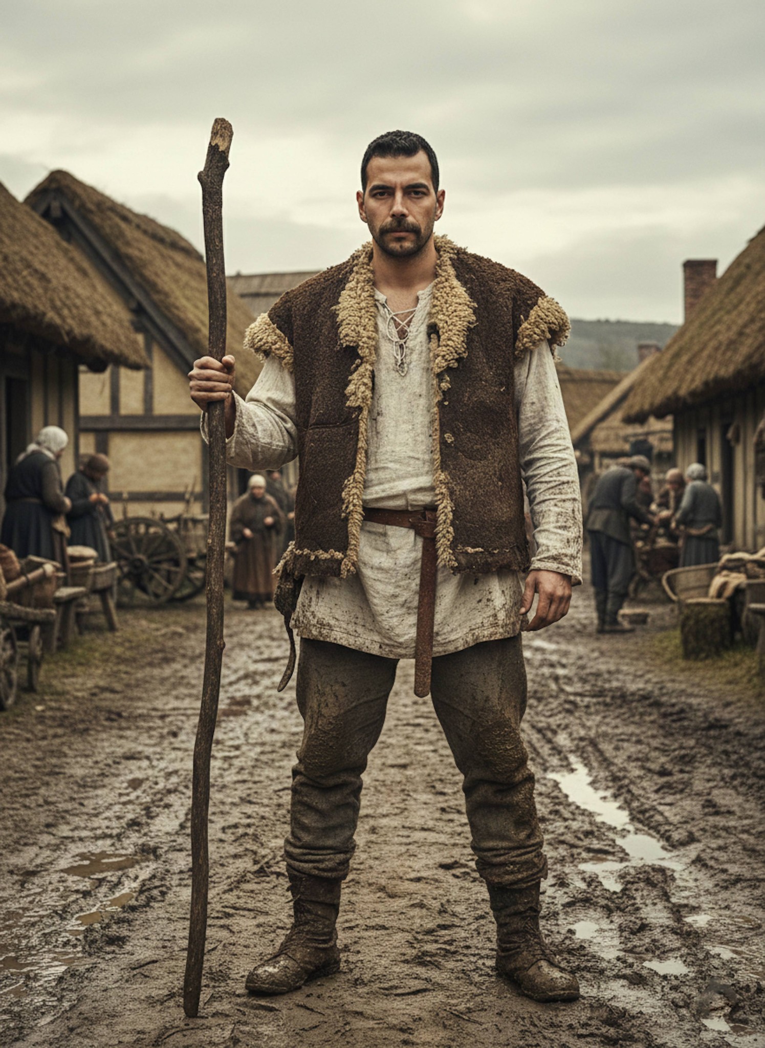 Person wearing sheepskin vest and linen shirt on a muddy medieval village road