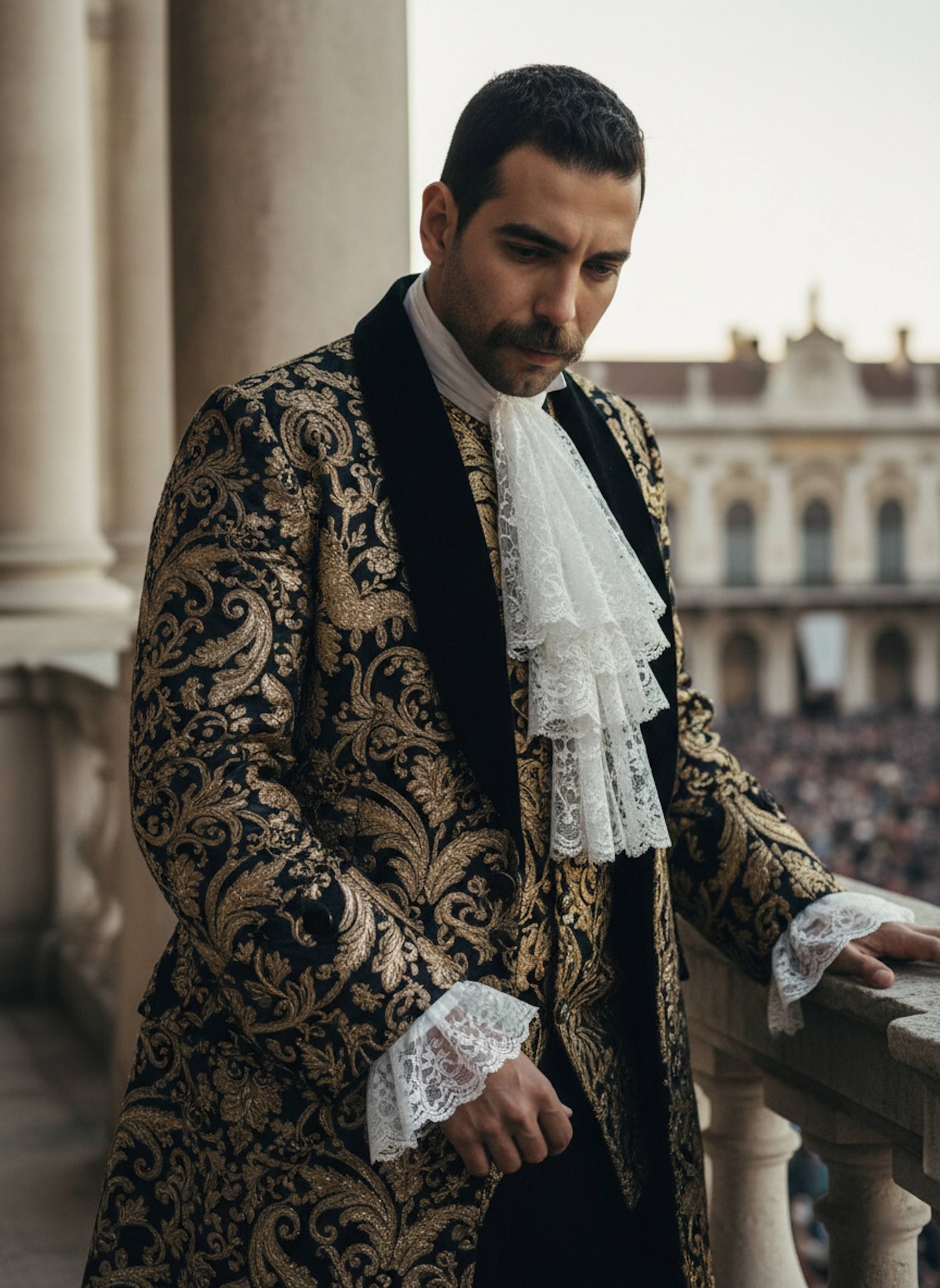 Person in gold brocade coat with velvet lapels standing on a Baroque stone balcony