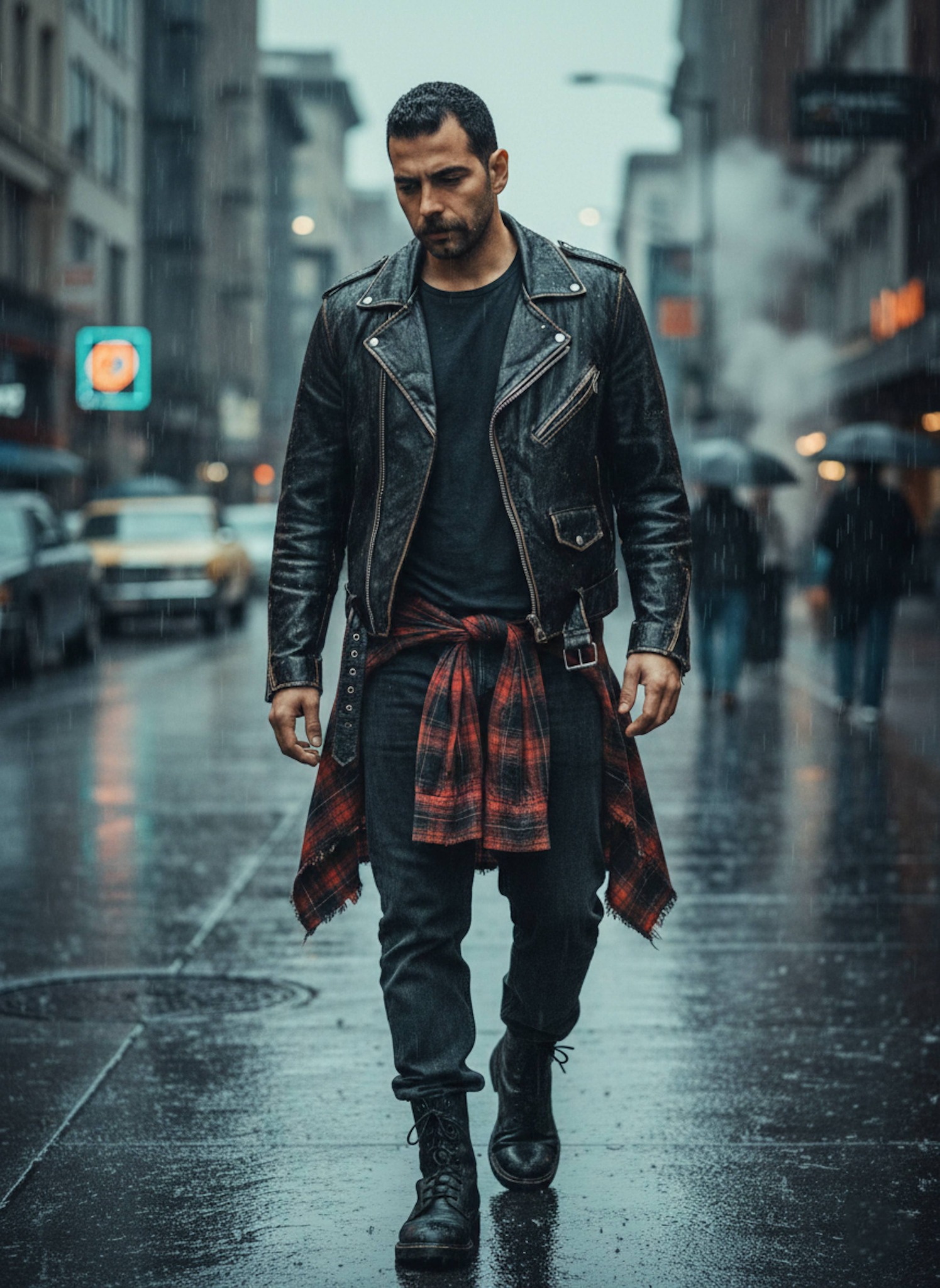 Person in distressed leather jacket walking on a rainy 1990s Seattle street
