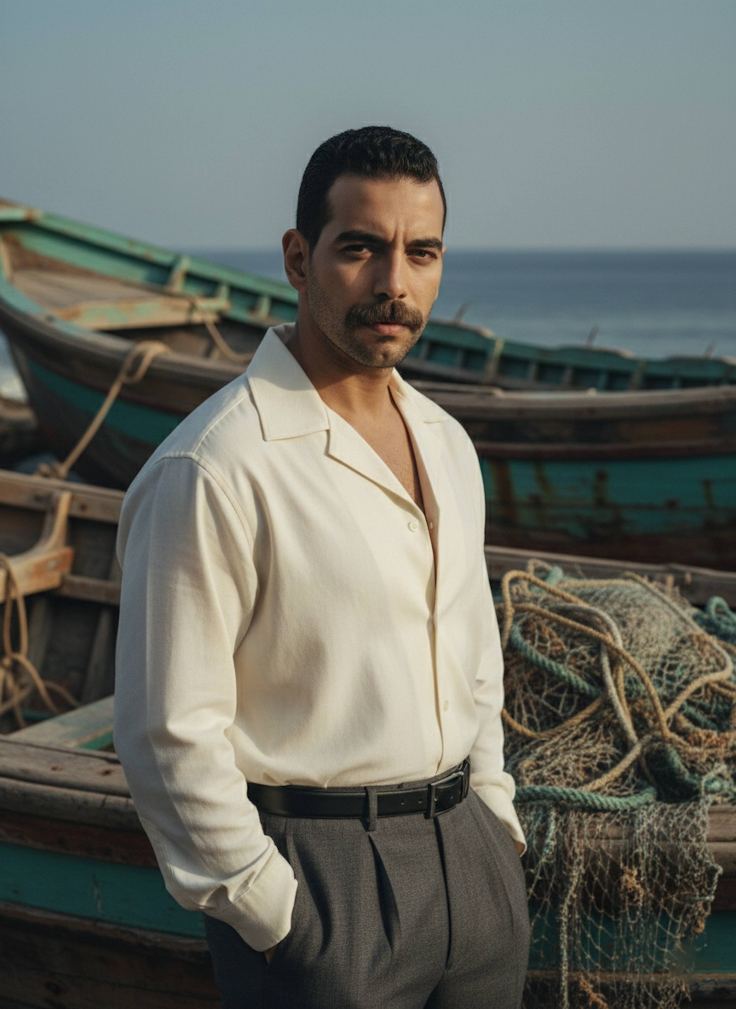 Person in a cream Cuban collar shirt at Bahary fishing harbor with weathered wooden boats and tangled nets in soft morning light