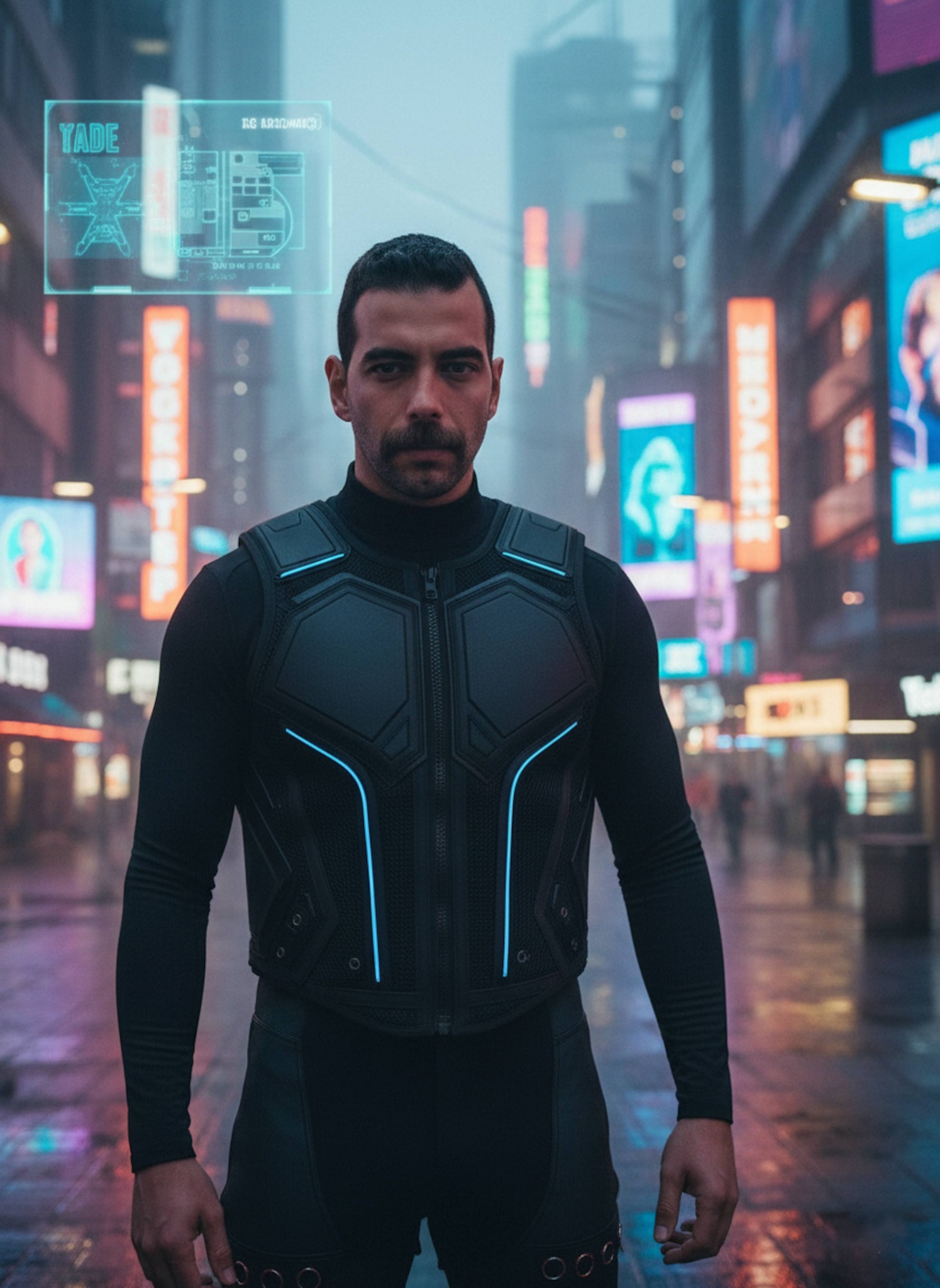 Person wearing exoskeletal vest with fiber-optic details in a neon neo-Tokyo plaza