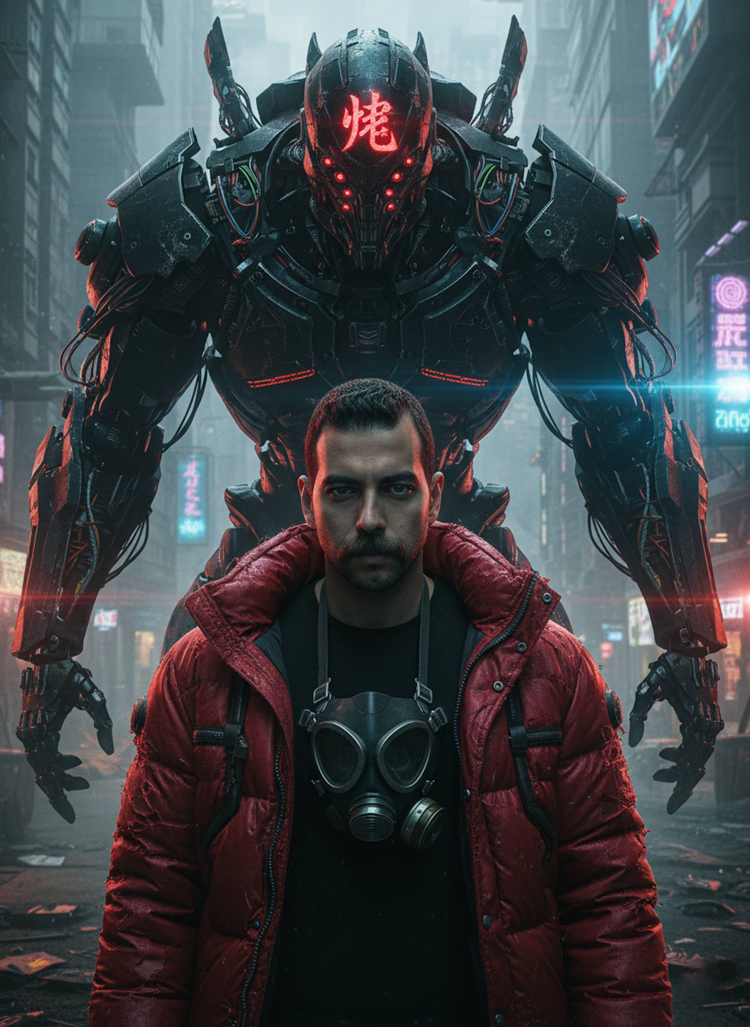 Person in torn red jacket with giant robot looming behind in a cyberpunk cityscape