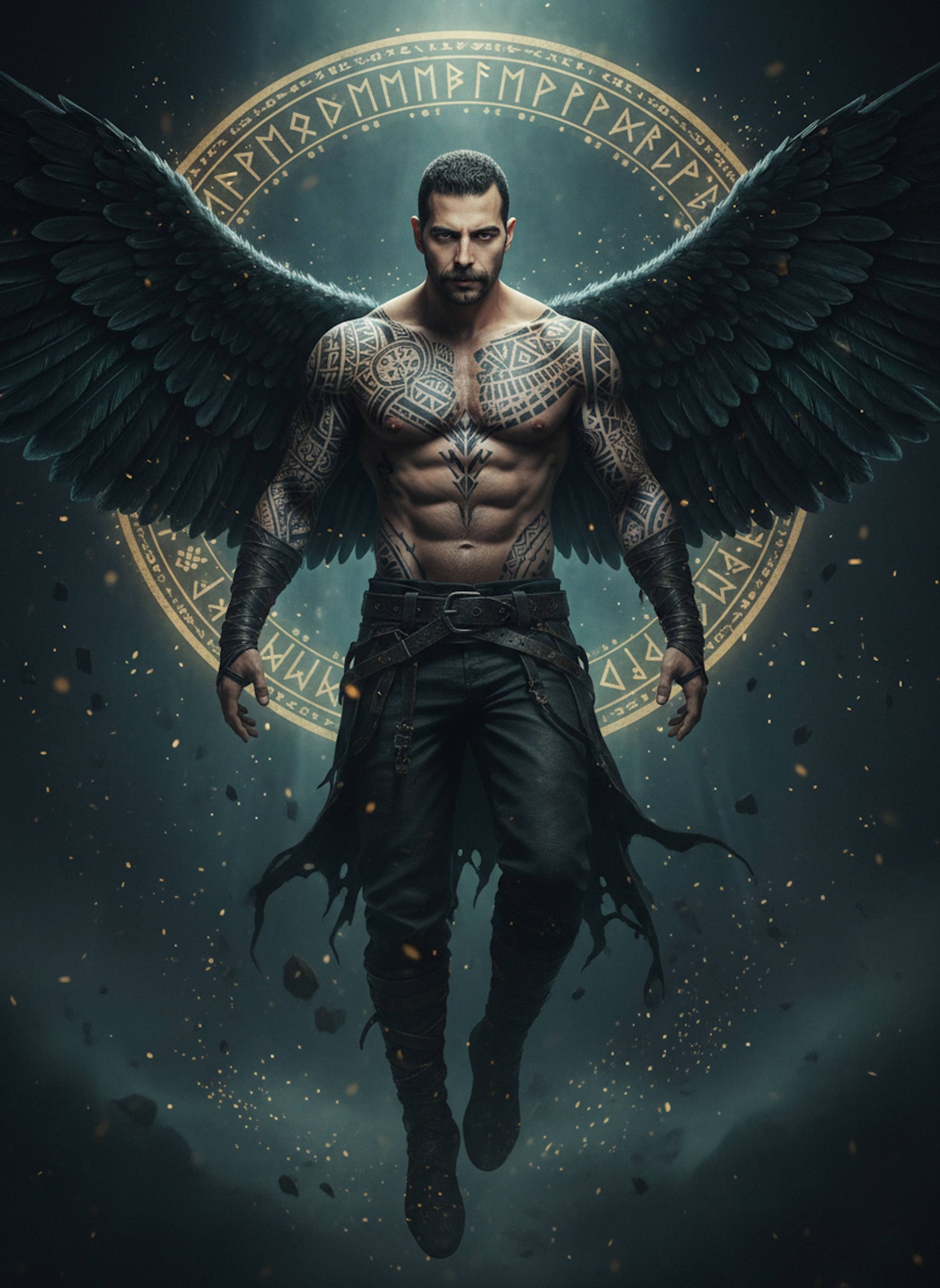 Tattooed warrior with black wings floating mid-air with glowing rune circle and golden particles