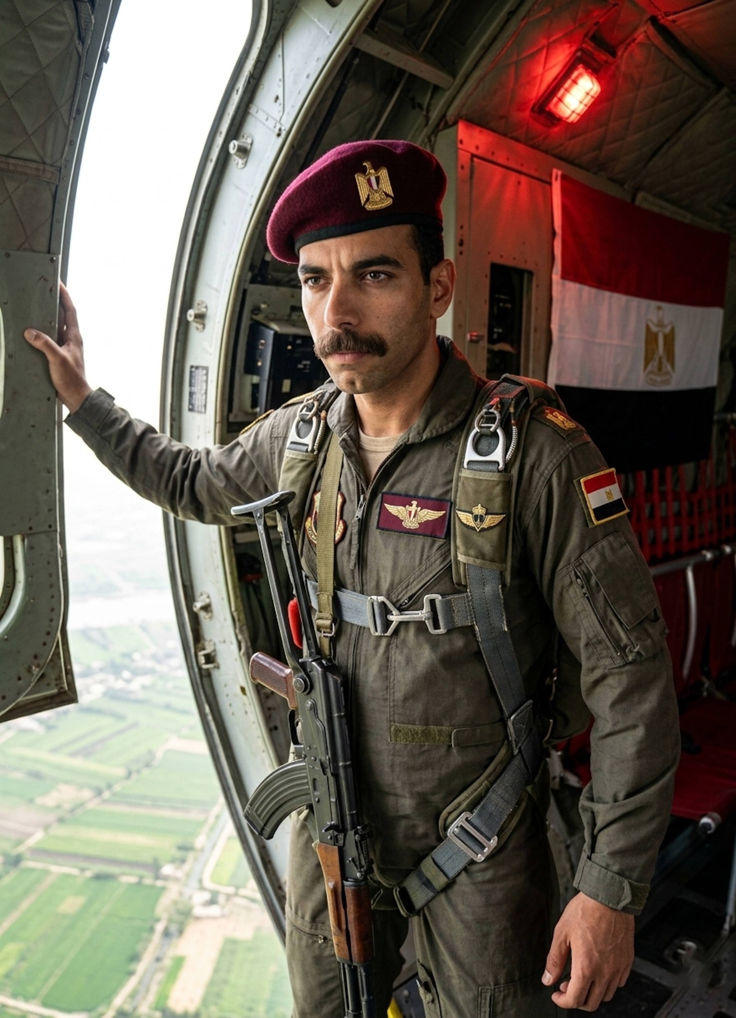 Paratrooper in maroon beret with parachute harness mid-jump against sky backdrop