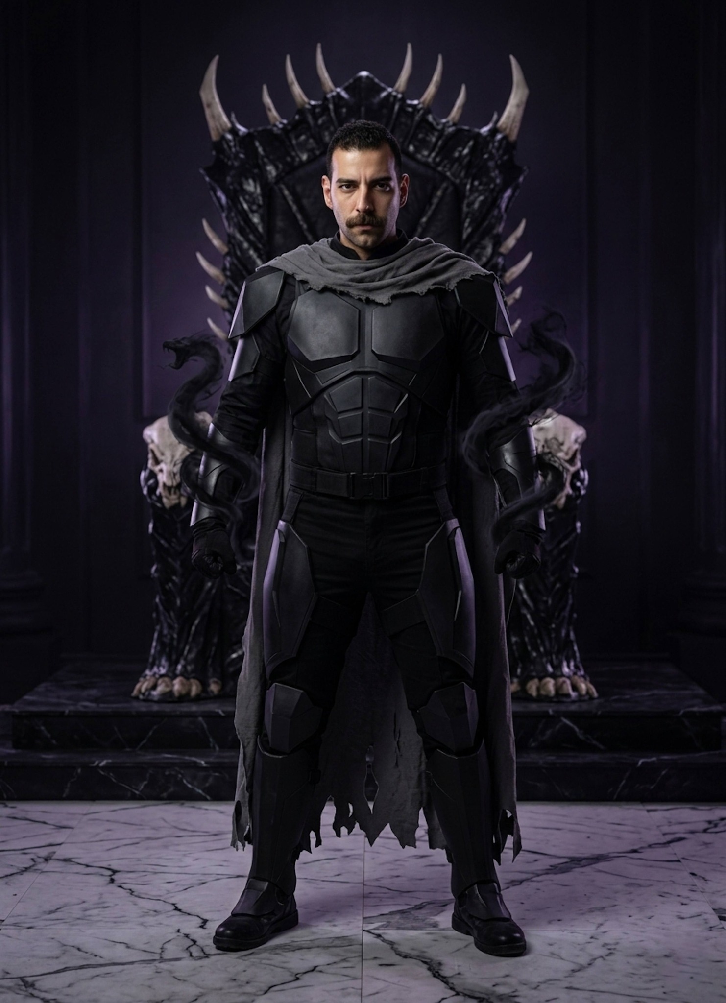 Person in black tactical armor standing in obsidian throne room with smoky shadows