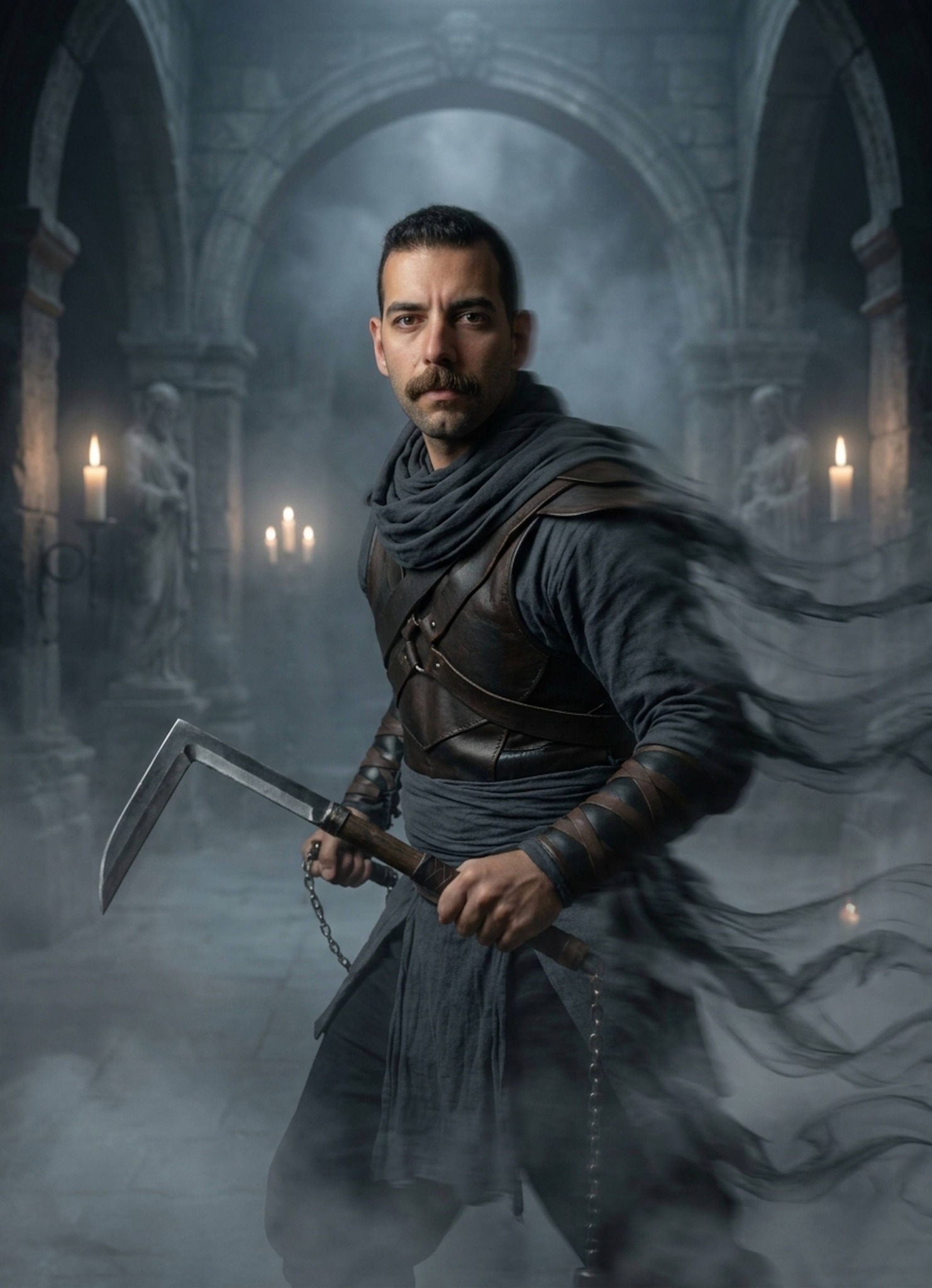 Warrior in dissolving leather armor amid swirling smoke in a dark mystical temple