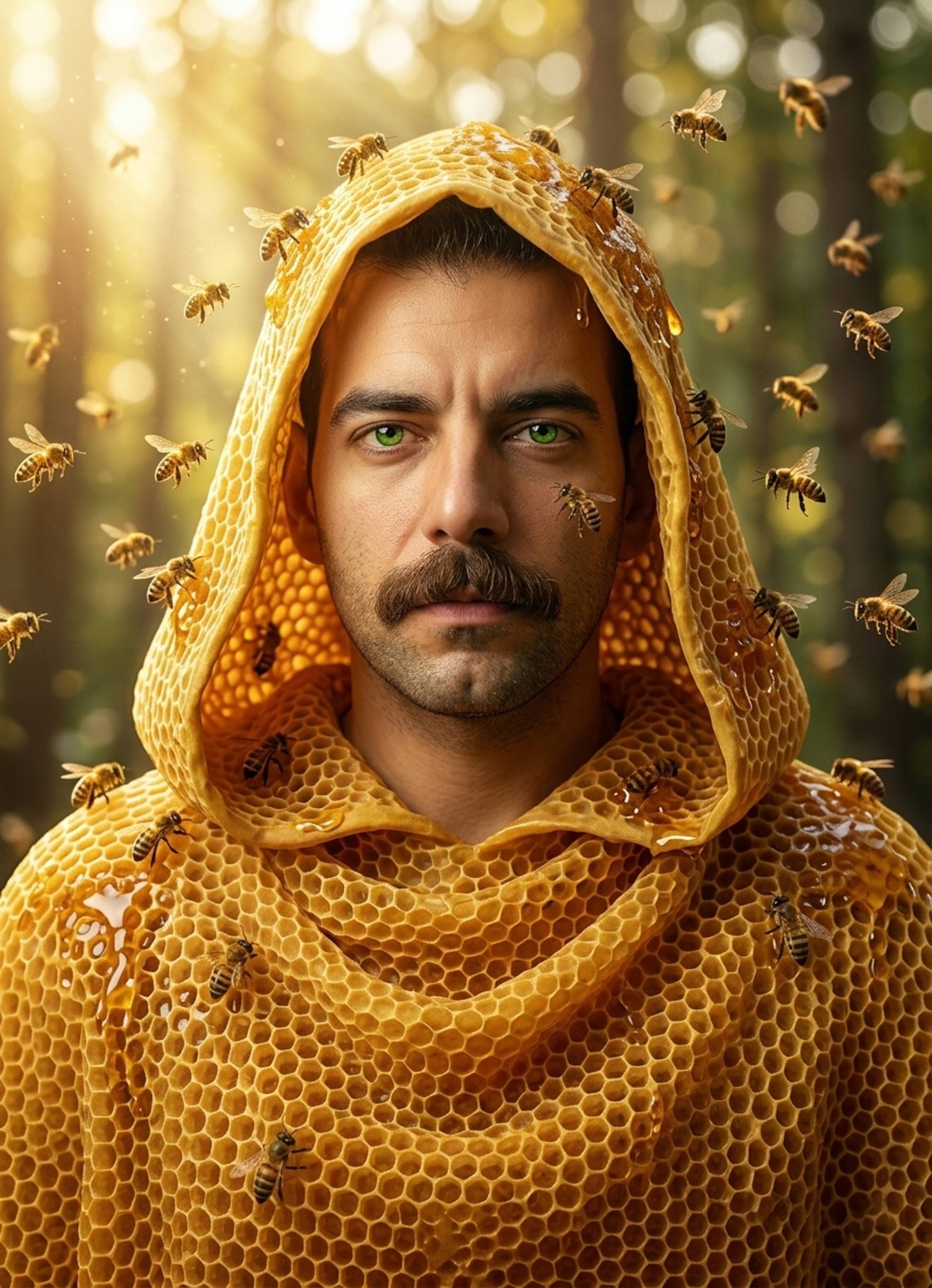Person in golden honeycomb cloak with honeybees in a sunlit forest