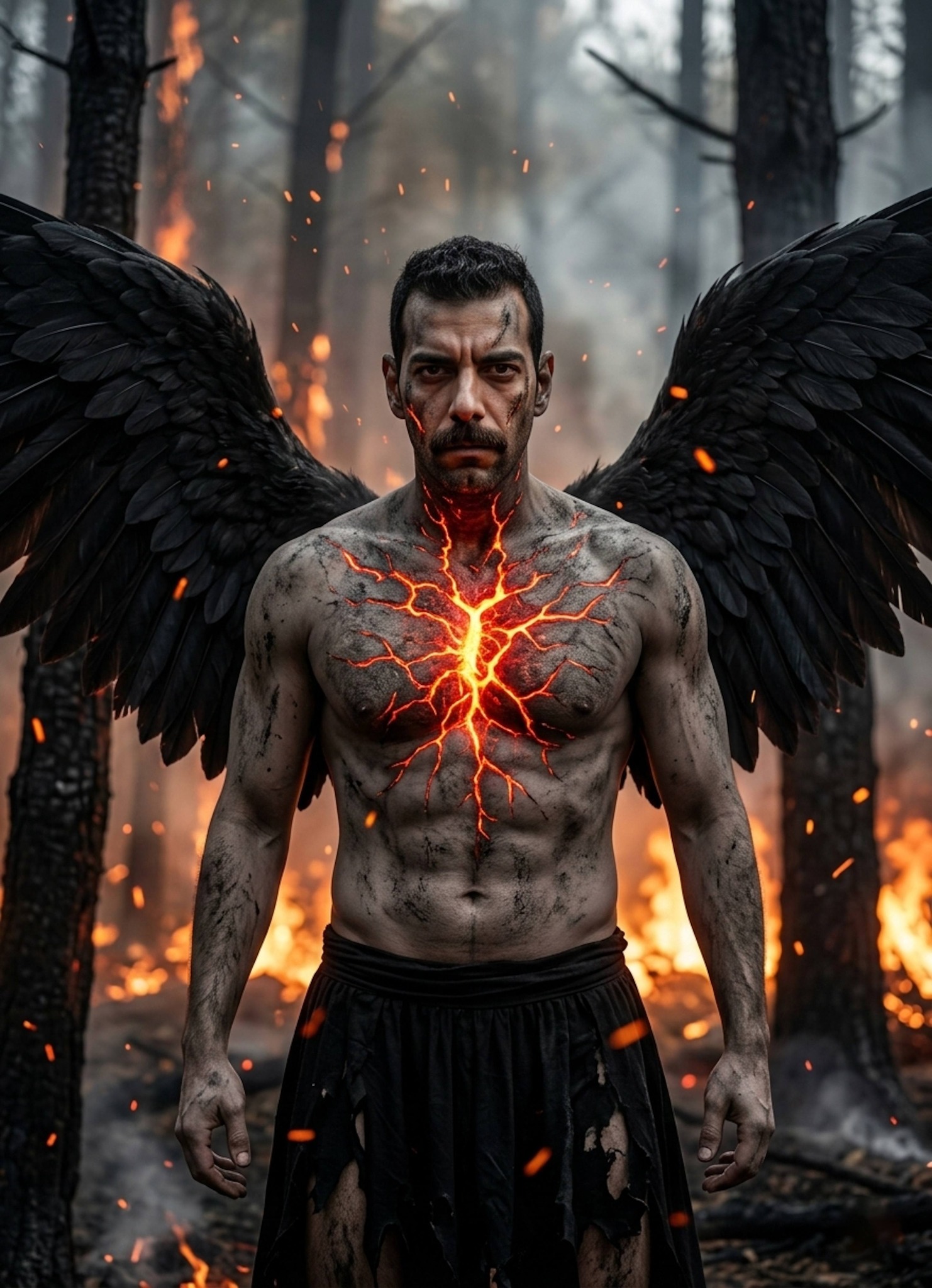 Dark angel with black wings and glowing lava skin standing in a burning forest with embers