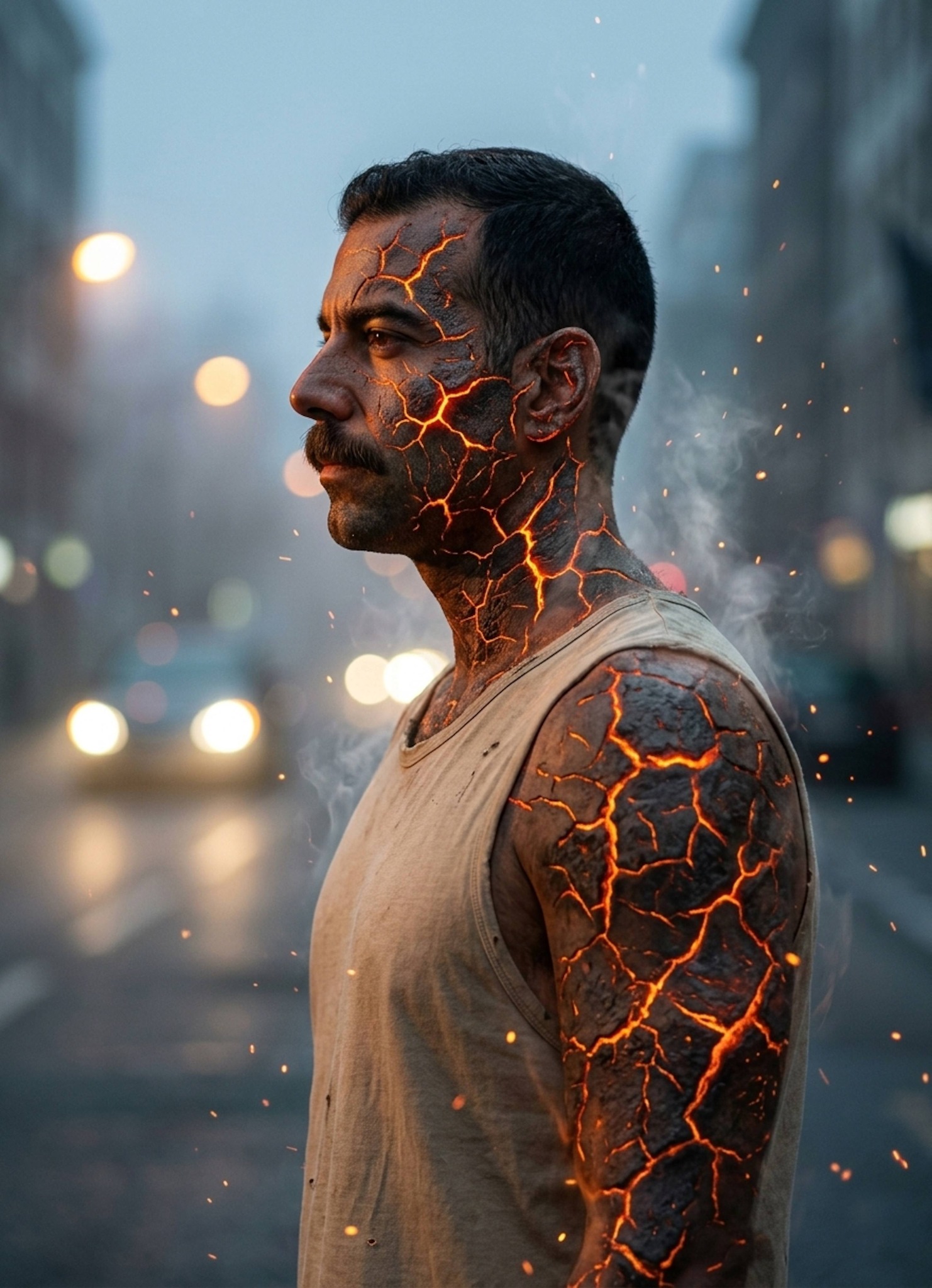 Person with cracked volcanic lava skin and glowing fissures on a misty city street at dusk