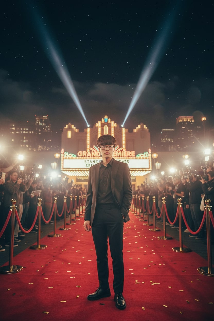 Person standing on a Hollywood red carpet with paparazzi flashes, gold stanchions, velvet ropes, and art-deco theater backdrop
