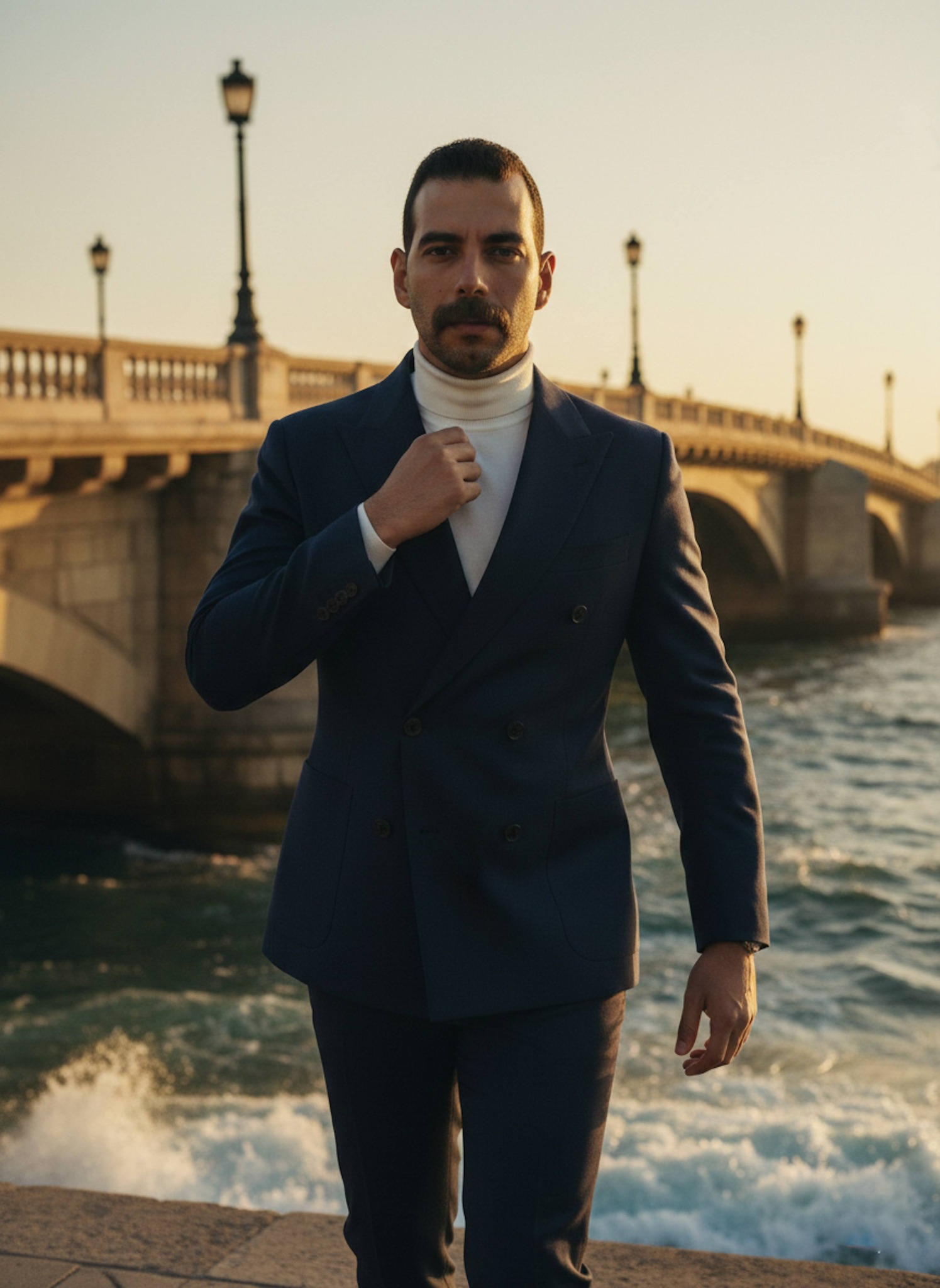 Person in a navy blazer walking on Stanley Bridge promenade at golden hour with crashing waves and warm rim lighting
