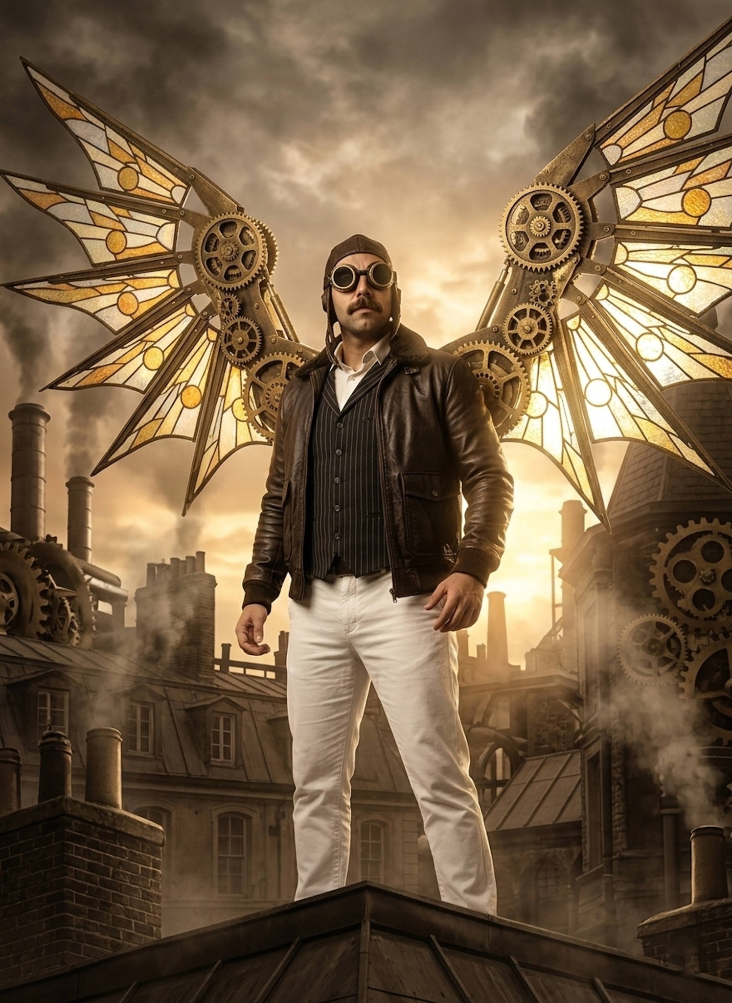 Person with brass mechanical wings on a Victorian rooftop with sunset through gears