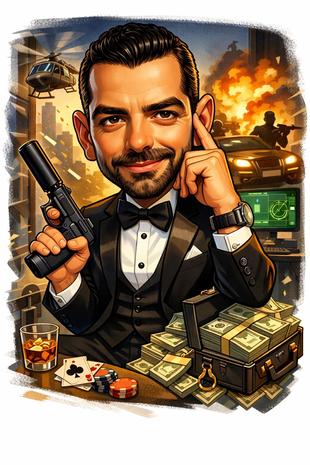 Colorful caricature illustration of a person with their career-related elements