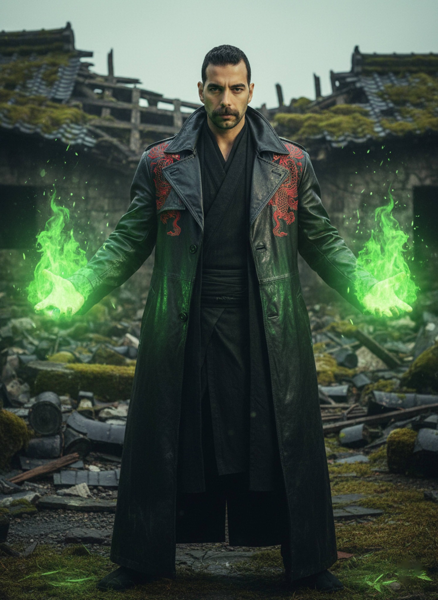Stoic figure in black leather trench coat with crimson embroidery amid feudal Japanese ruins
