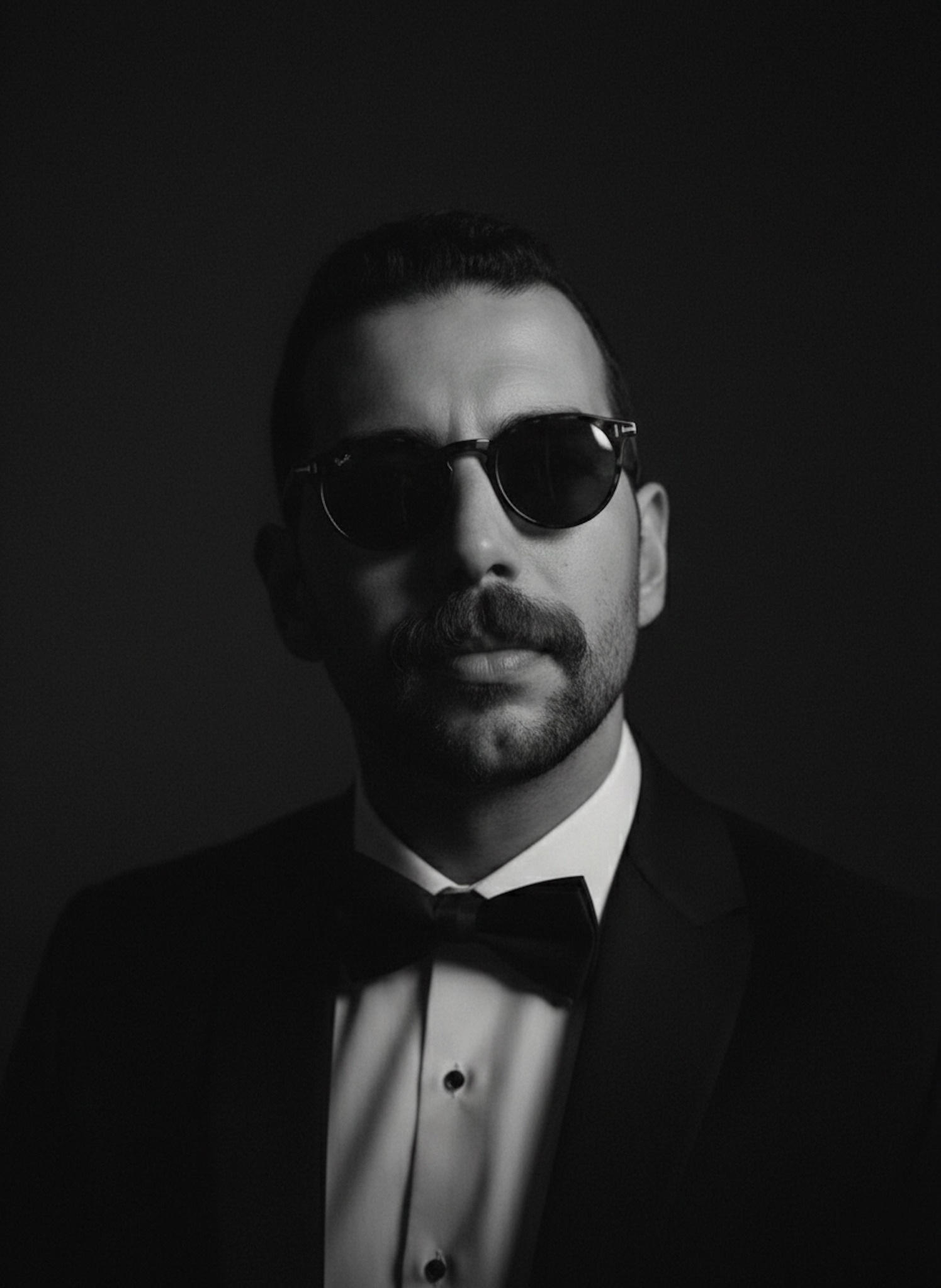 Black-and-white cinematic portrait with soft side lighting and deep shadows