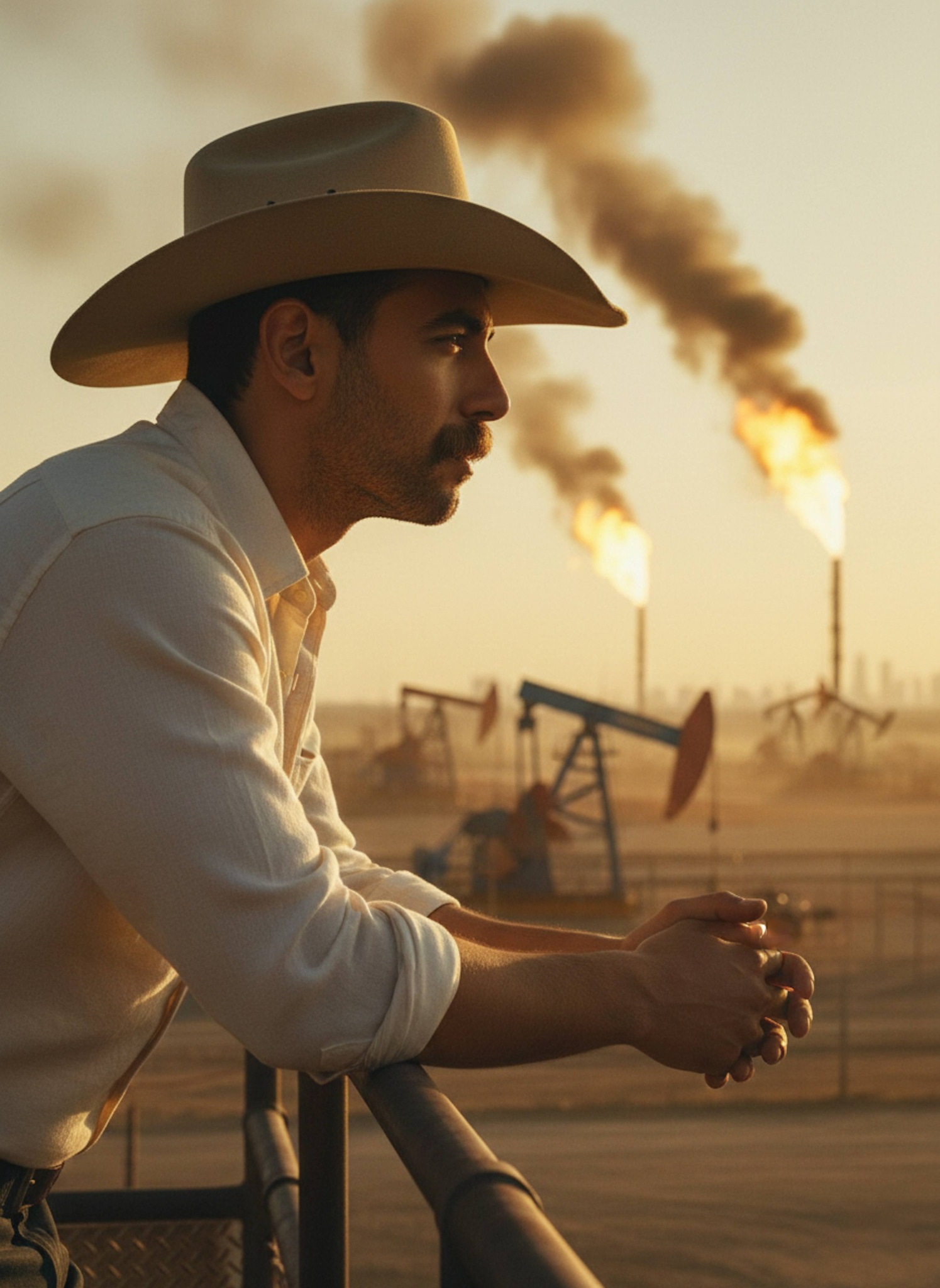 Person in cowboy hat leaning on industrial railing with oil field at sunset behind
