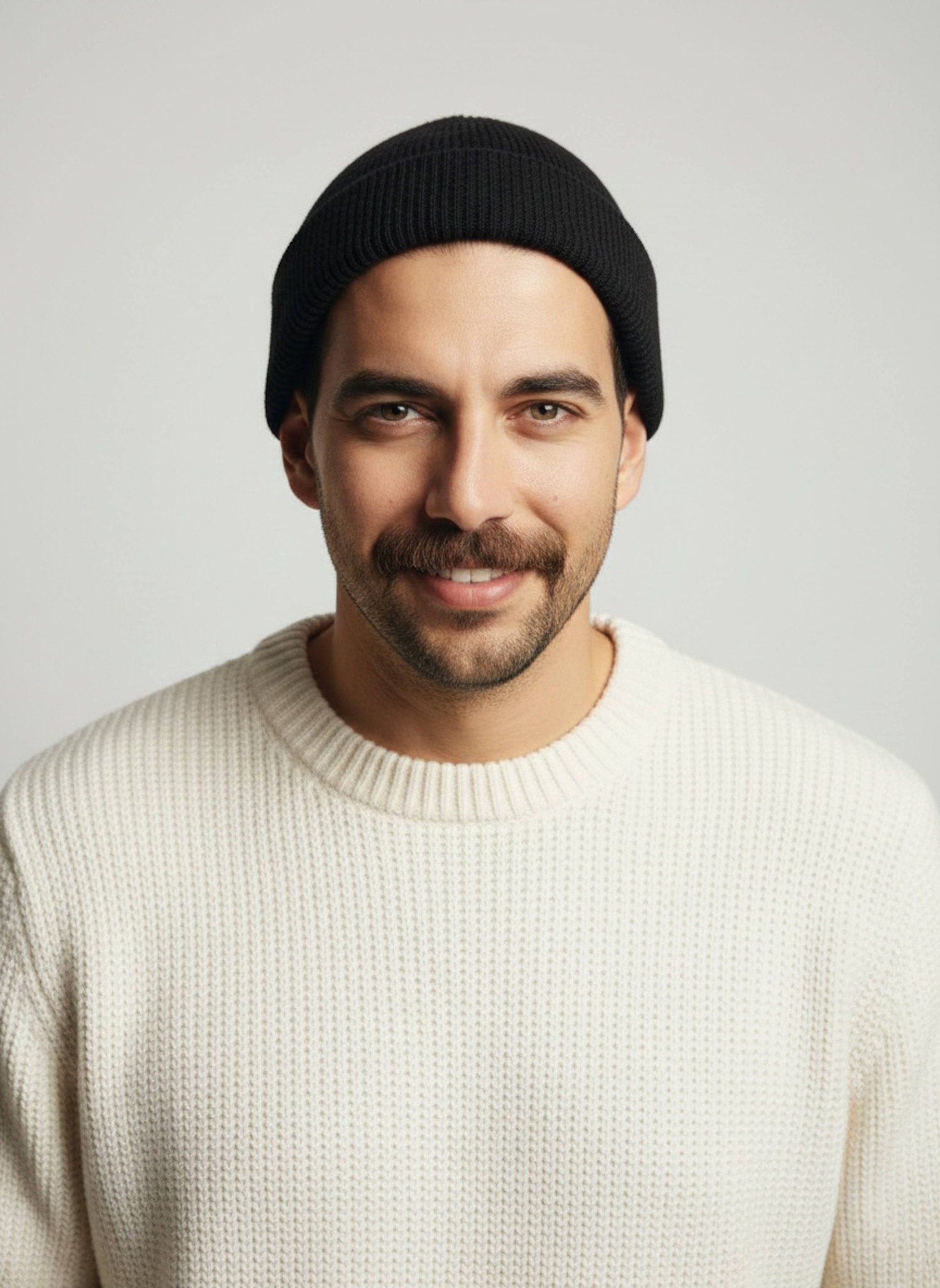Warm studio close-up portrait with natural skin texture and soft even lighting