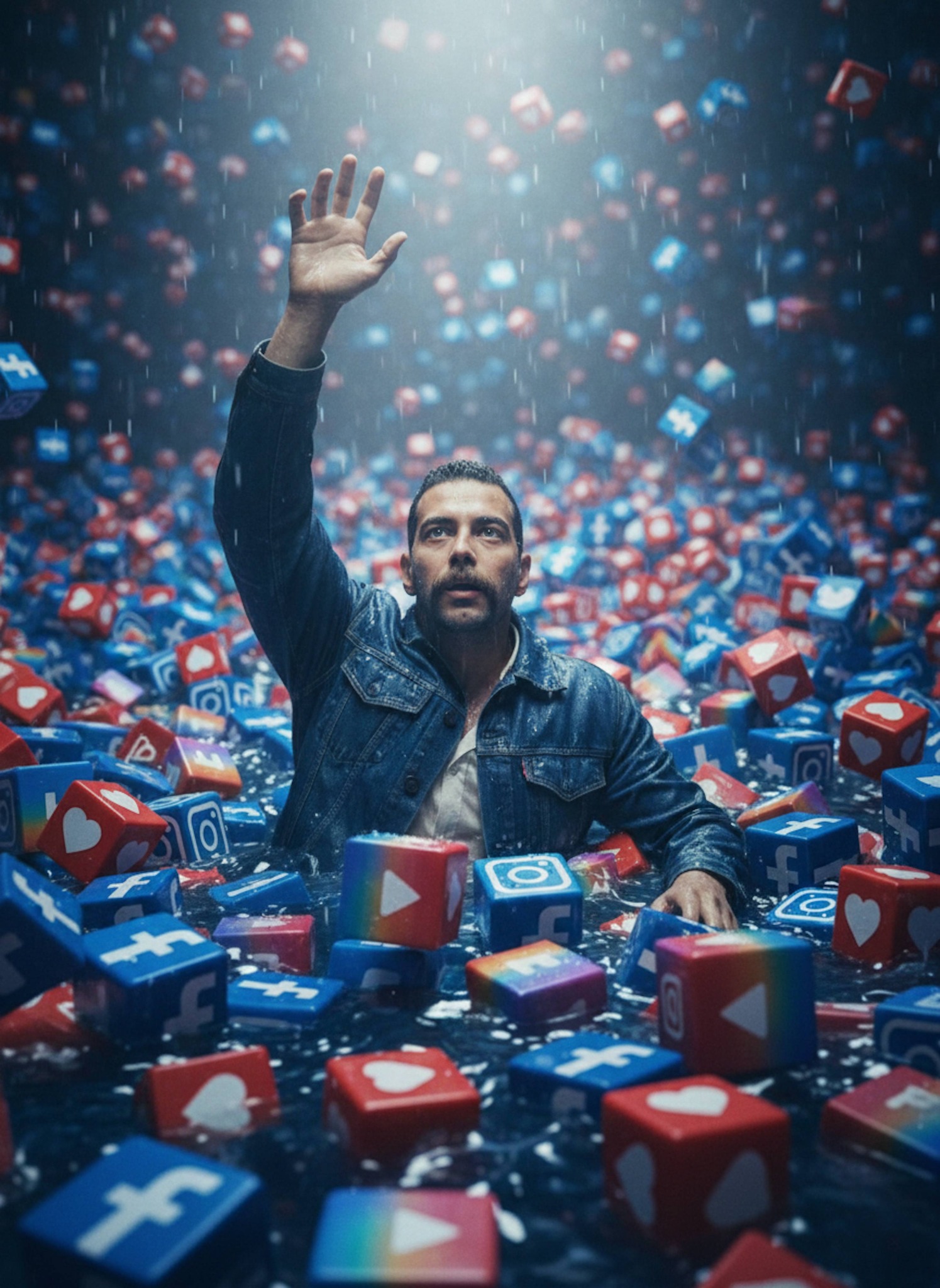 Ultra-realistic cinematic portrait with dramatic lighting depicting digital overwhelm