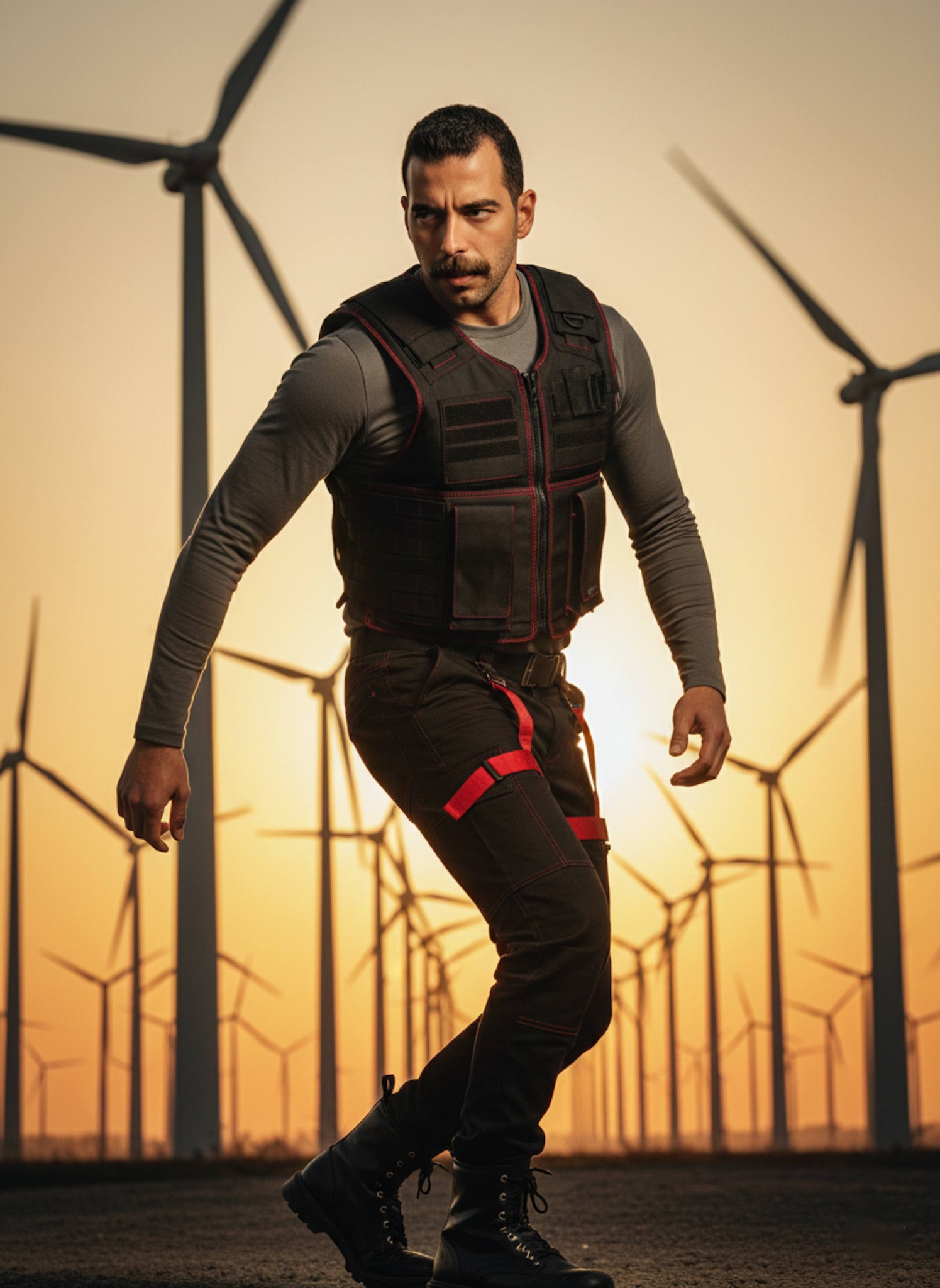 Person in tactical vest at edge of desert wind turbine field at sunset