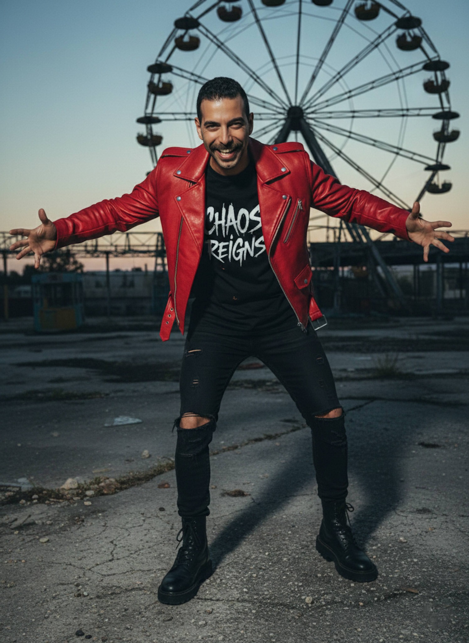 Person in red leather biker jacket inside abandoned amusement park with broken ferris wheel