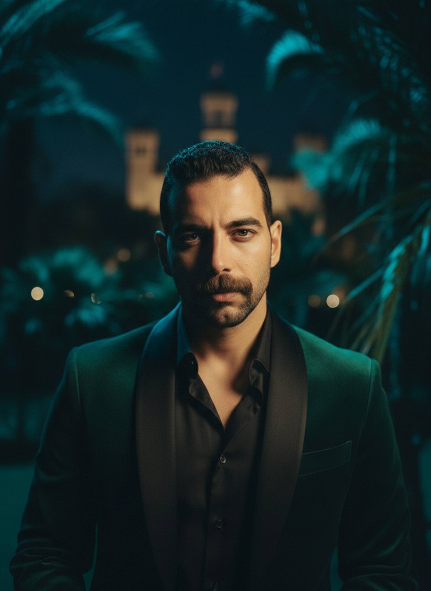 Person in an emerald velvet dinner jacket in Montaza Palace gardens at night with moonlight, palm fronds, and distant palace towers