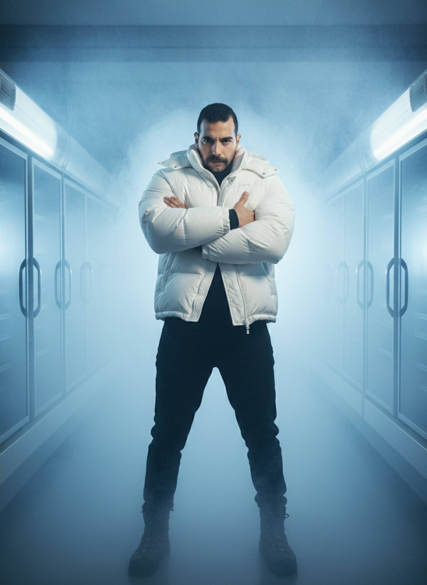 Person in white puffer jacket inside foggy industrial freezer warehouse