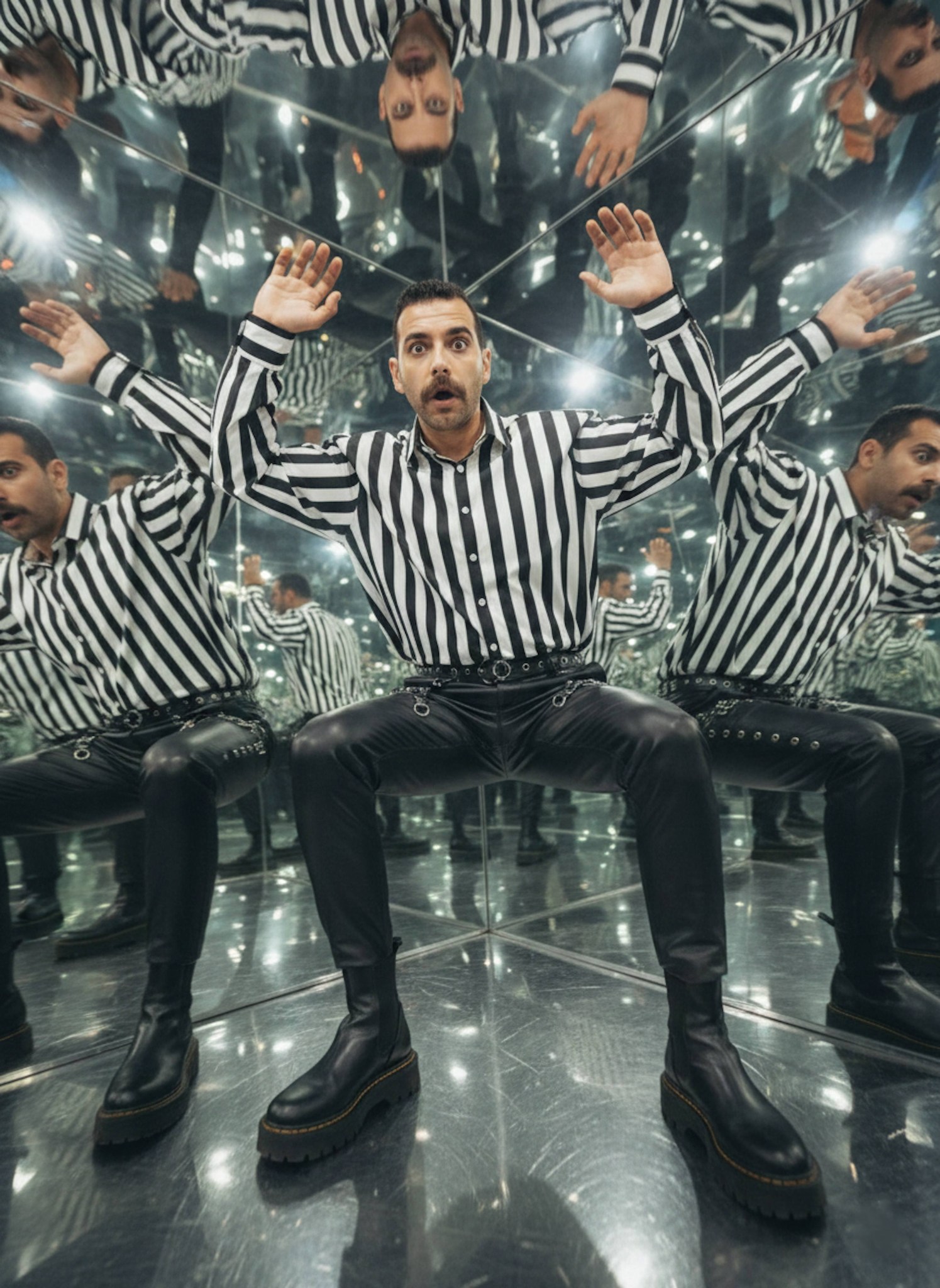 Person in striped shirt with multiple distorted reflections in a mirror maze