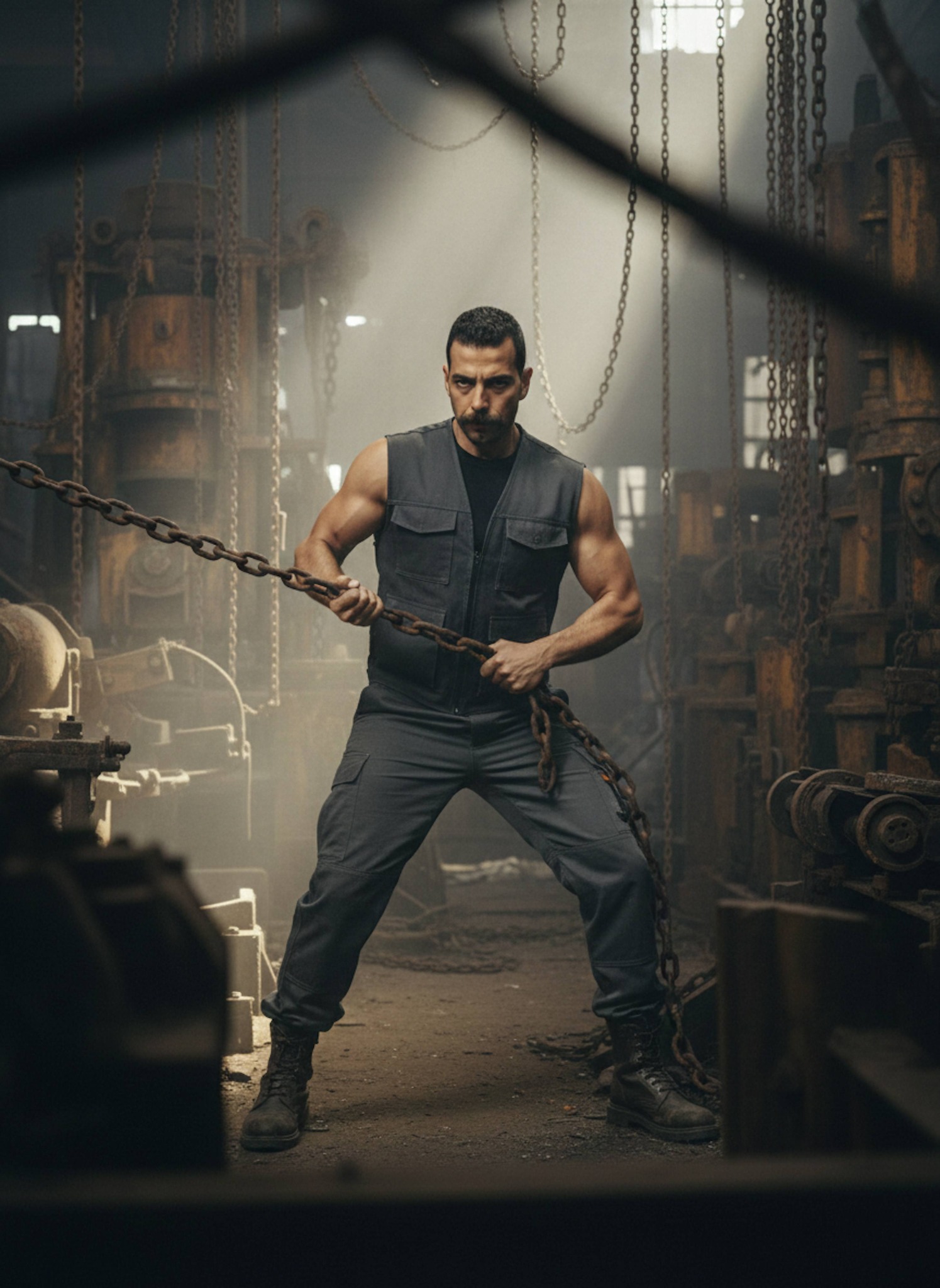 Person in industrial vest inside abandoned steel factory with rusted machines and chains