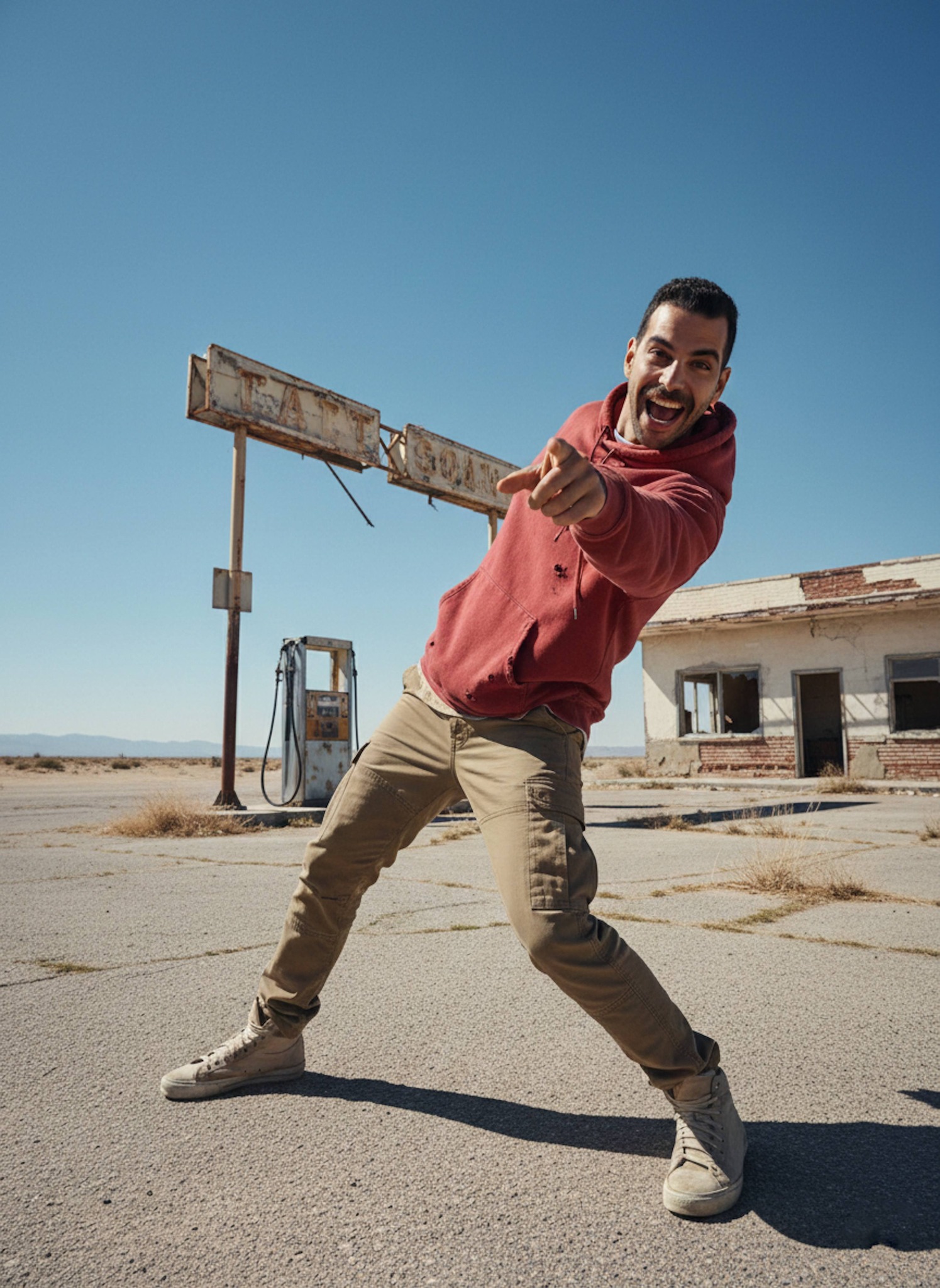 Person in faded red hoodie at an abandoned desert gas station with broken signs