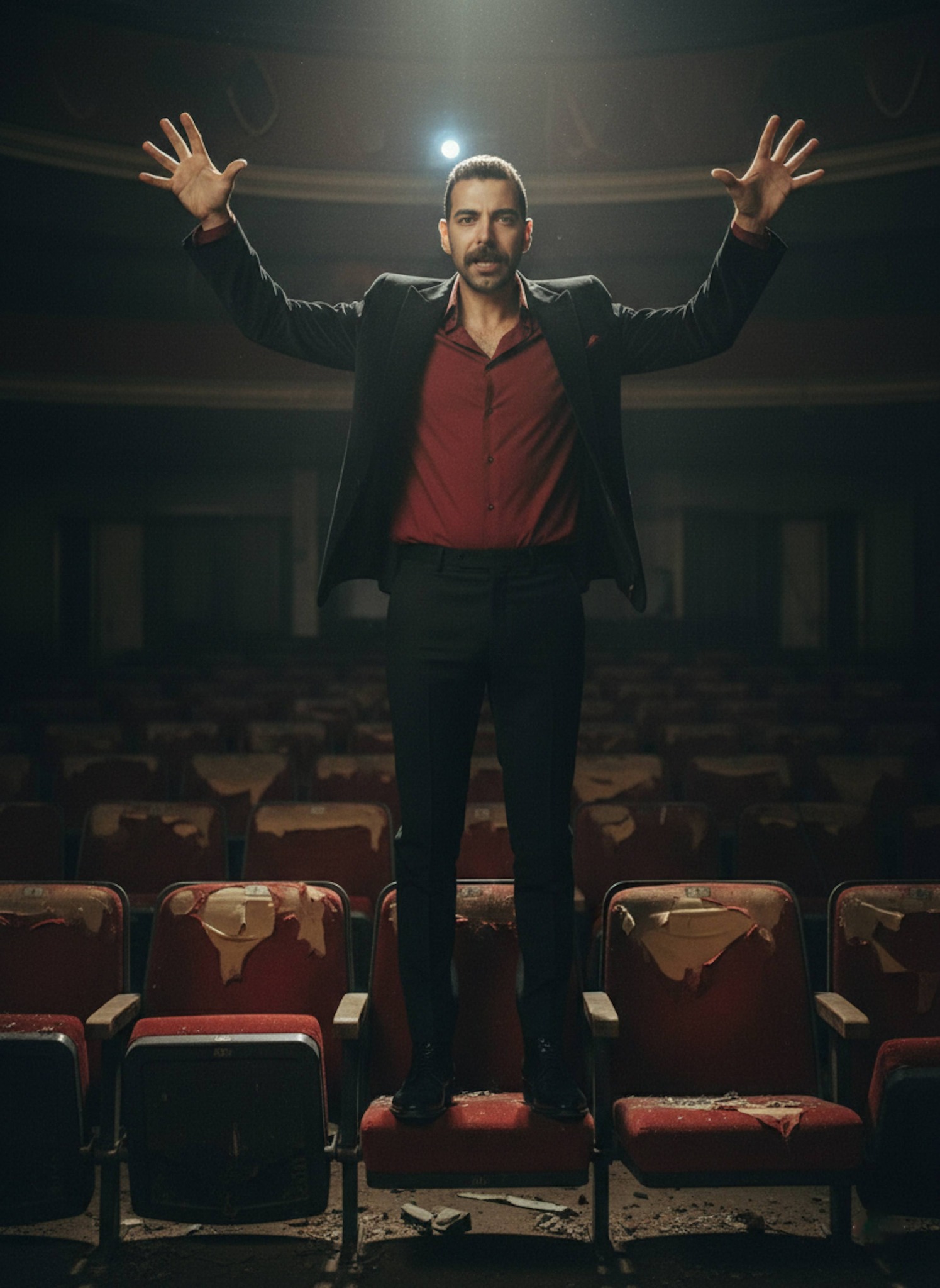Person in black velvet blazer standing on stage of abandoned movie theater with torn red seats