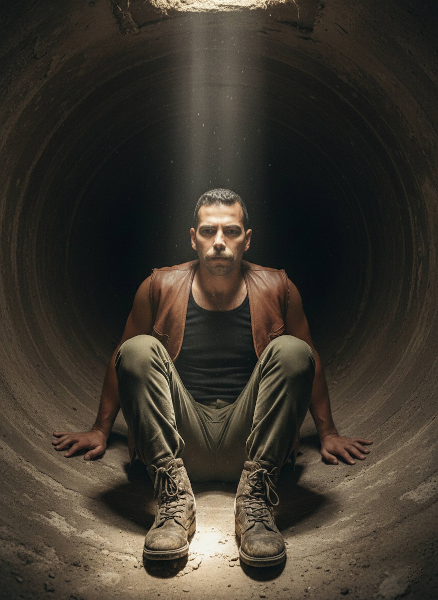 Person in brown leather jacket leaning against wall inside abandoned grain silo