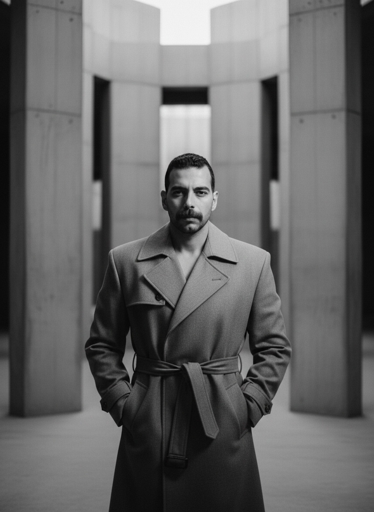 Person in a structured grey trench coat standing against brutalist concrete architecture in dramatic black-and-white chiaroscuro lighting