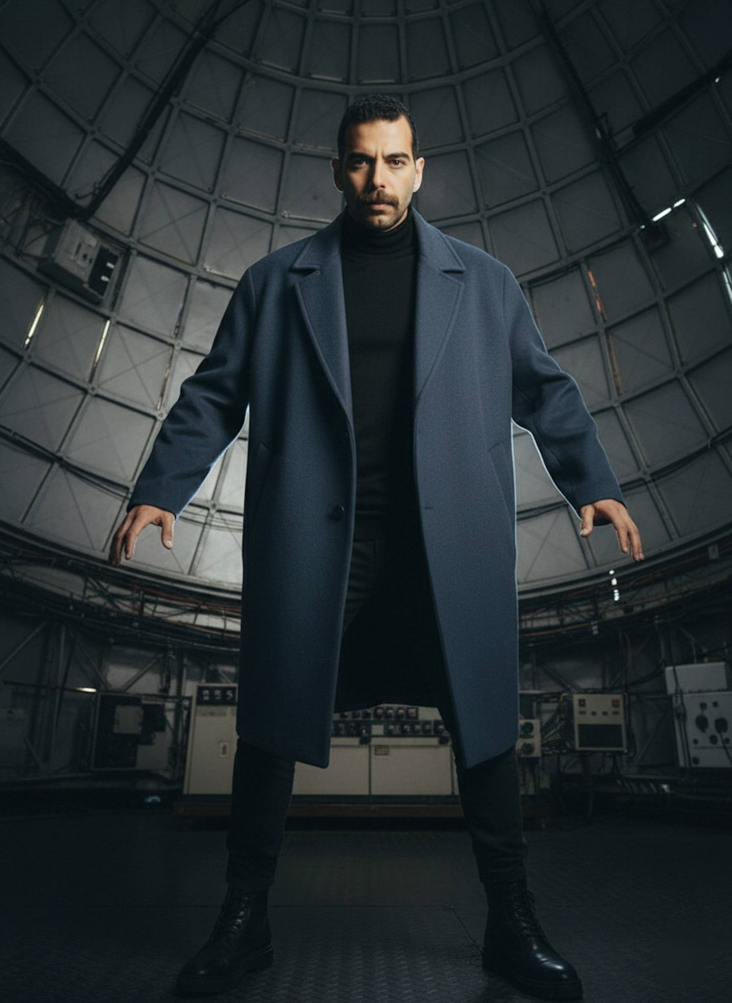 Person in slate-blue coat with arms spread inside a radar station dome
