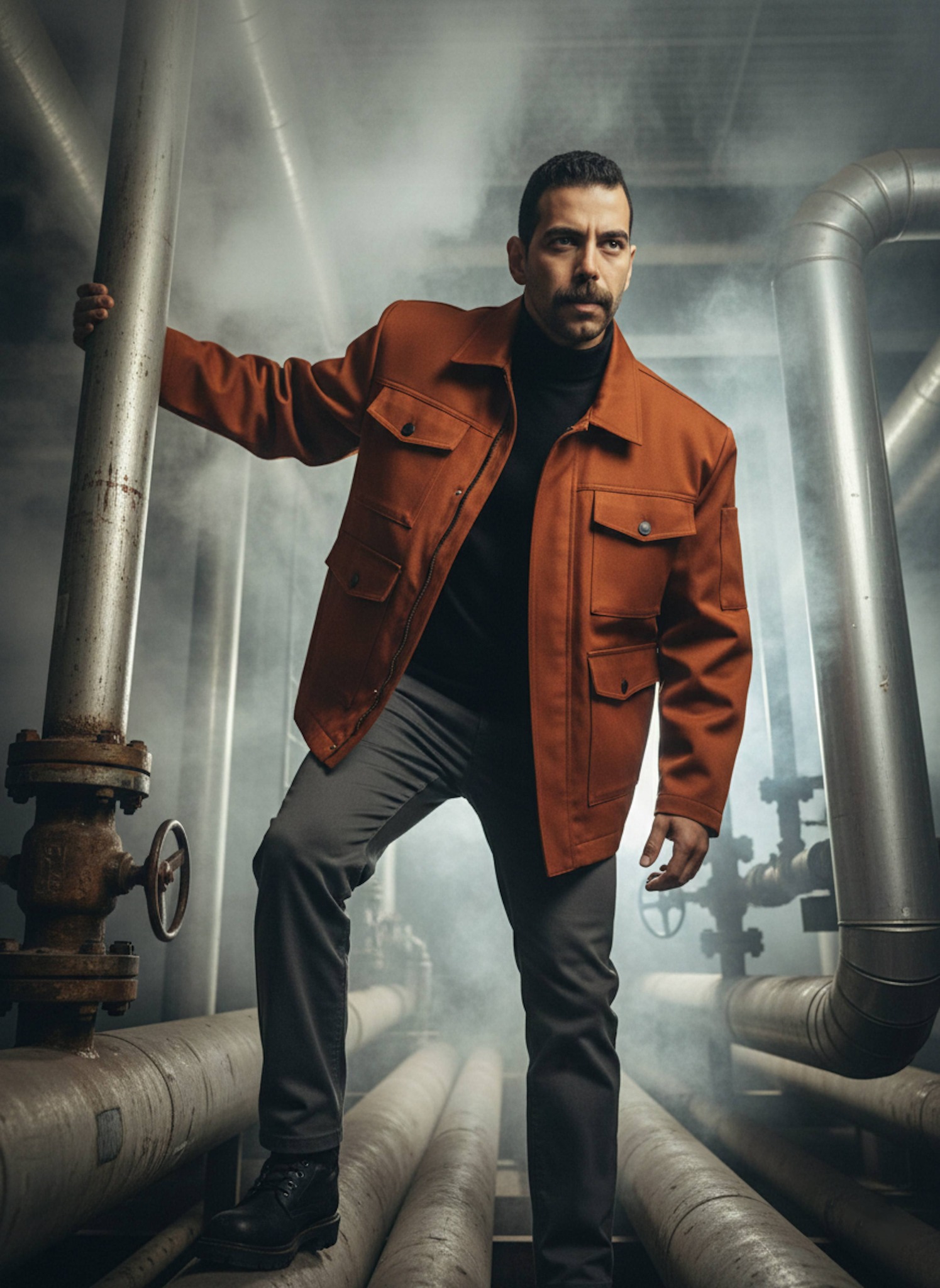 Person in orange industrial jacket standing among massive oil refinery pipes with steam