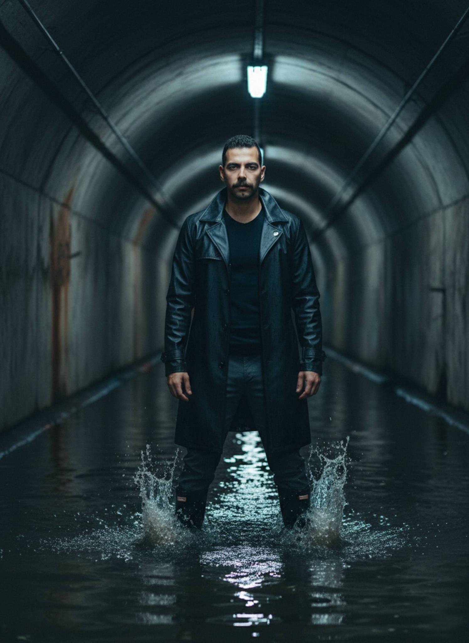 Person in black trench coat standing in flooded underground tunnel with splashing water