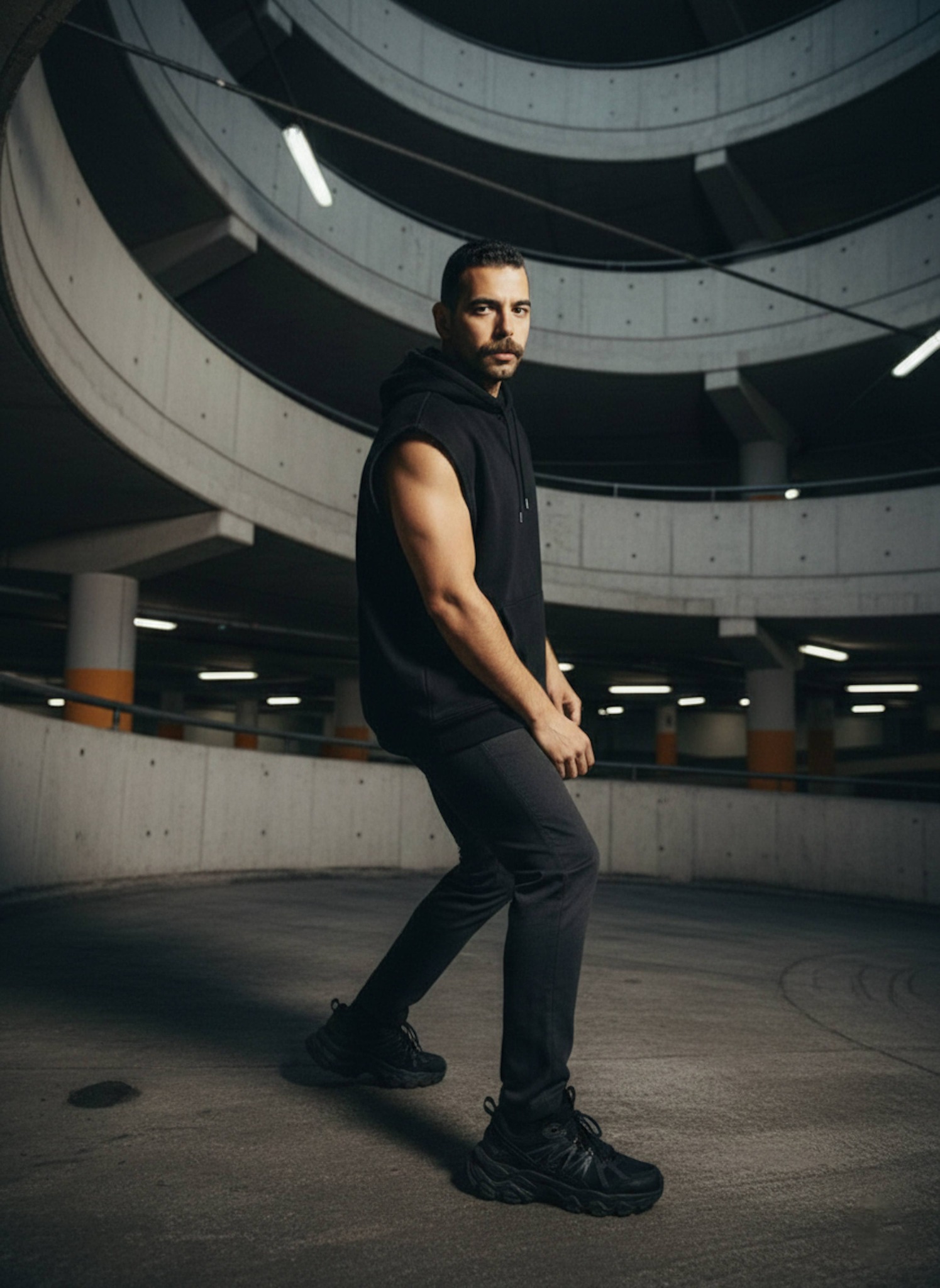 Person in sleeveless hoodie inside spiral parking structure with curving concrete walls