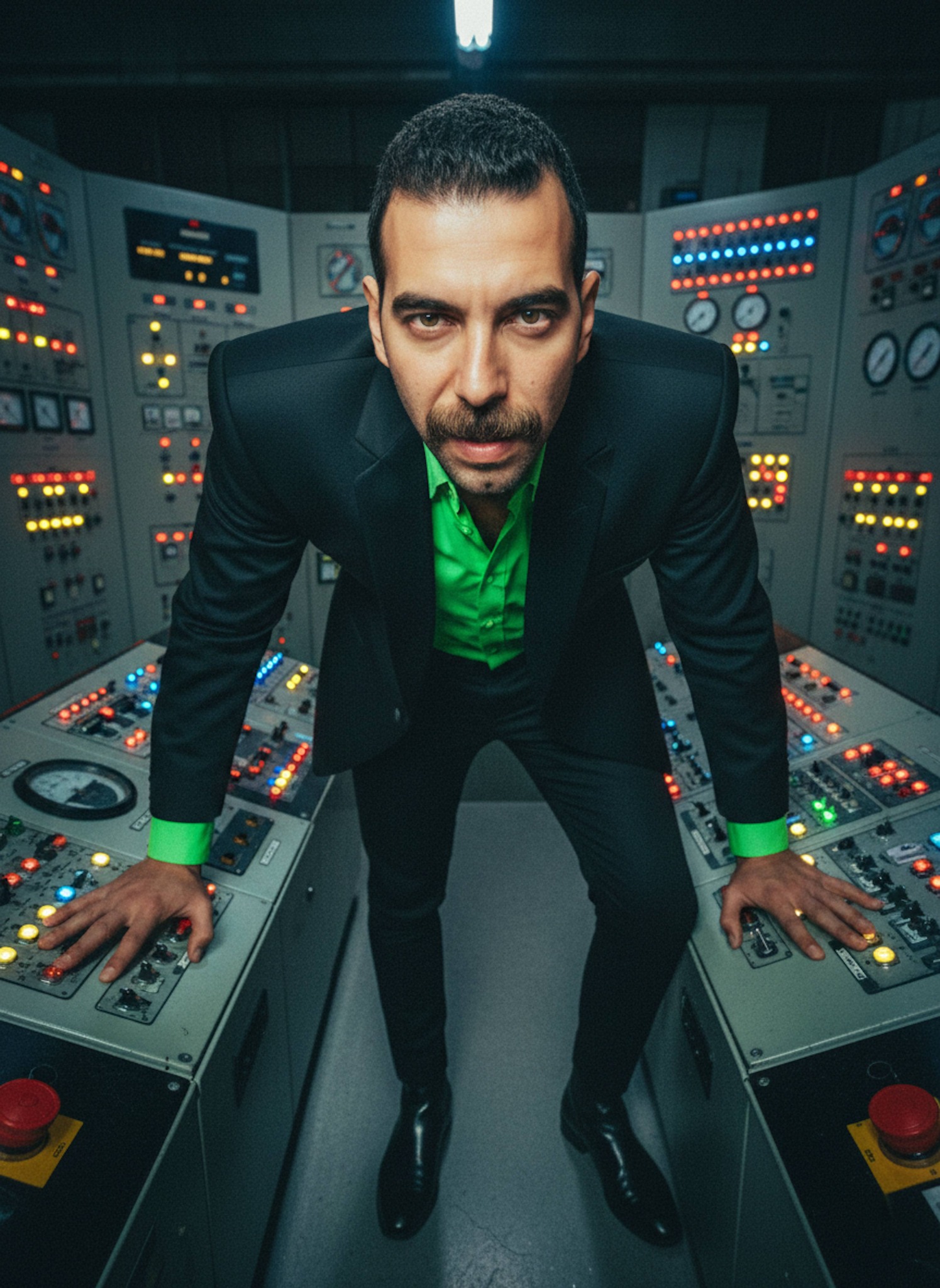 Person in black blazer with neon green shirt in power plant control room with blinking panels