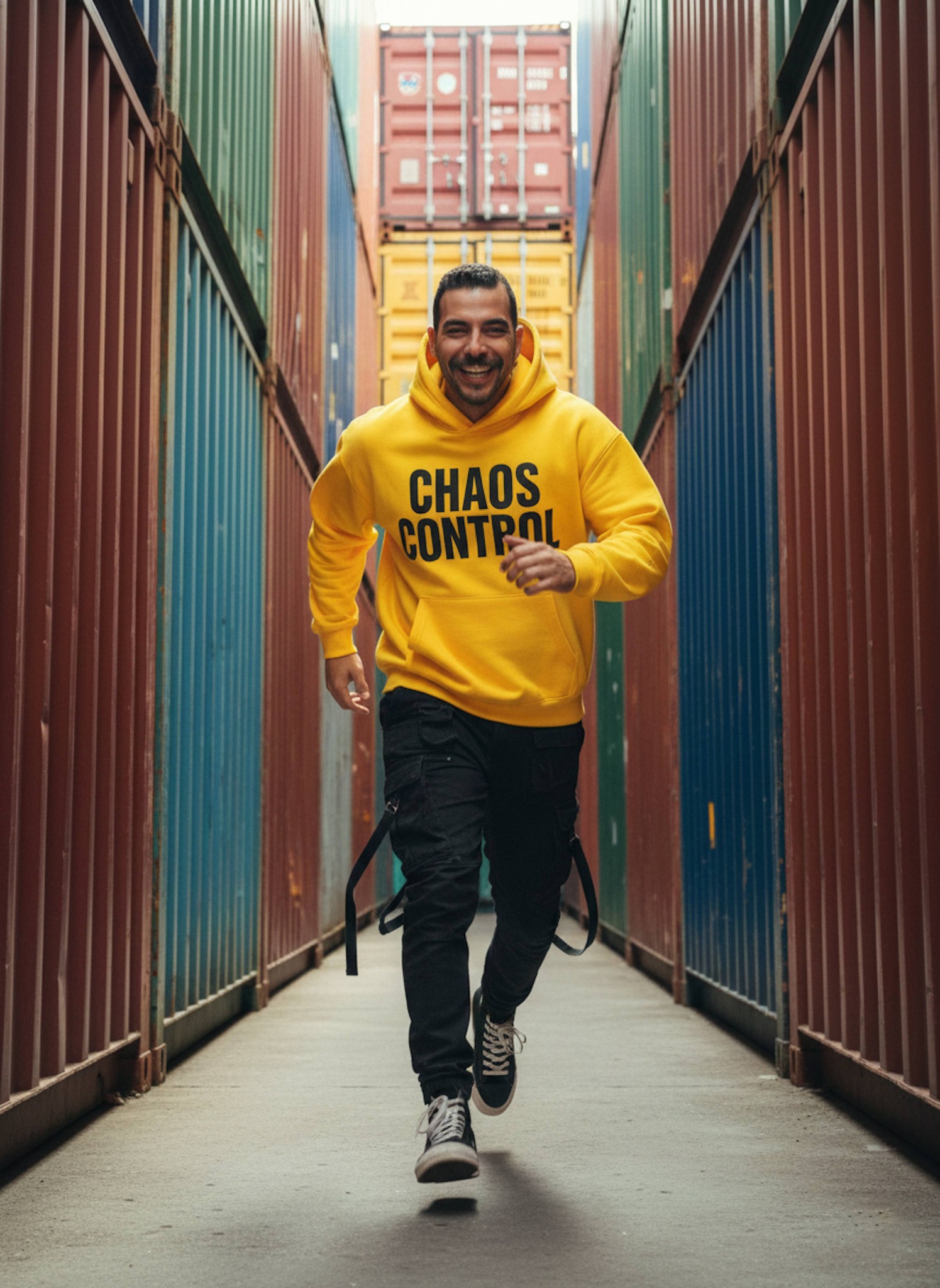Person in yellow hoodie with black typography inside stacked shipping container maze