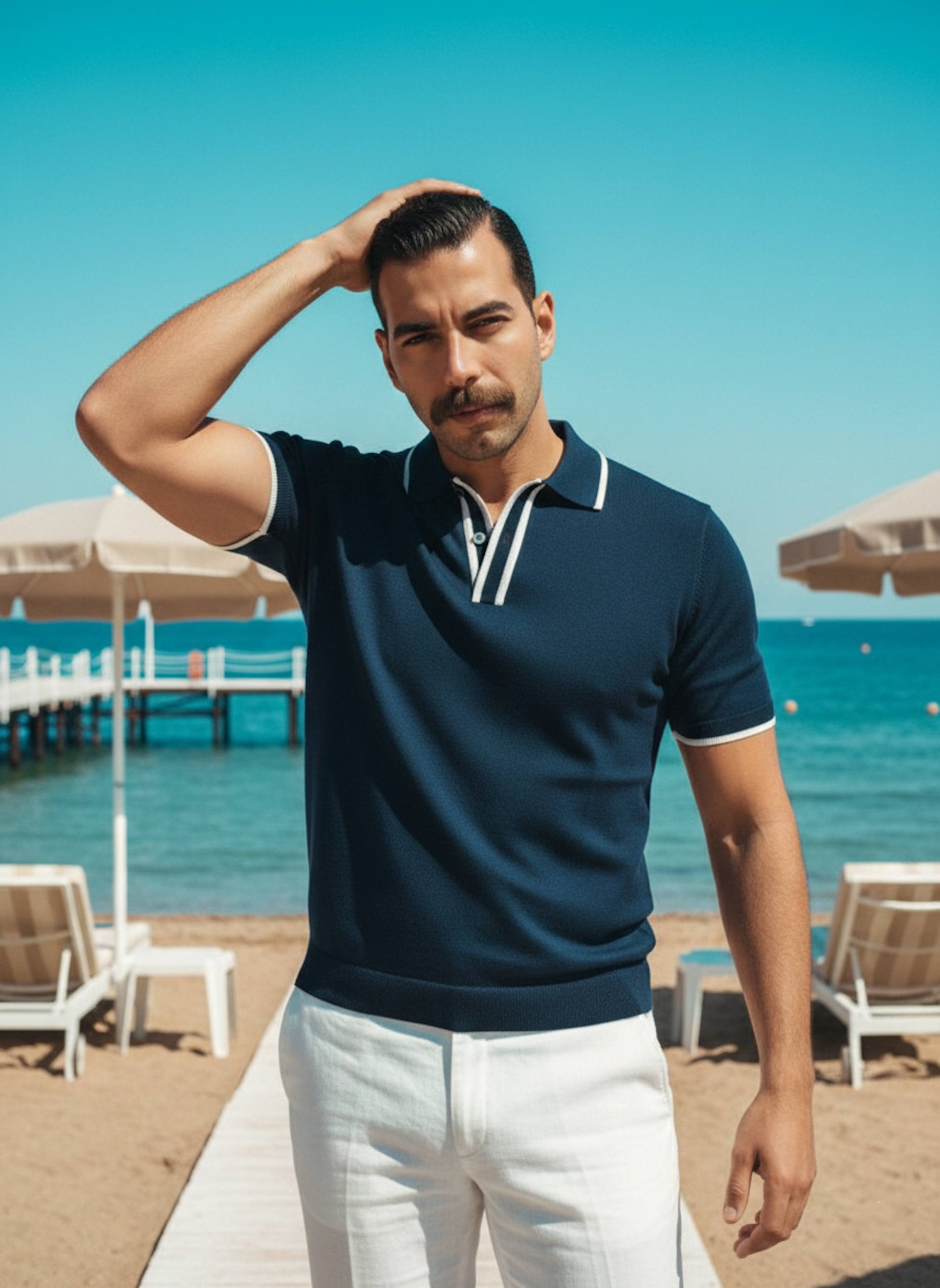 Person in a navy polo with white piping at a Mediterranean beach club with blue water and vintage sun loungers in bright sunlight
