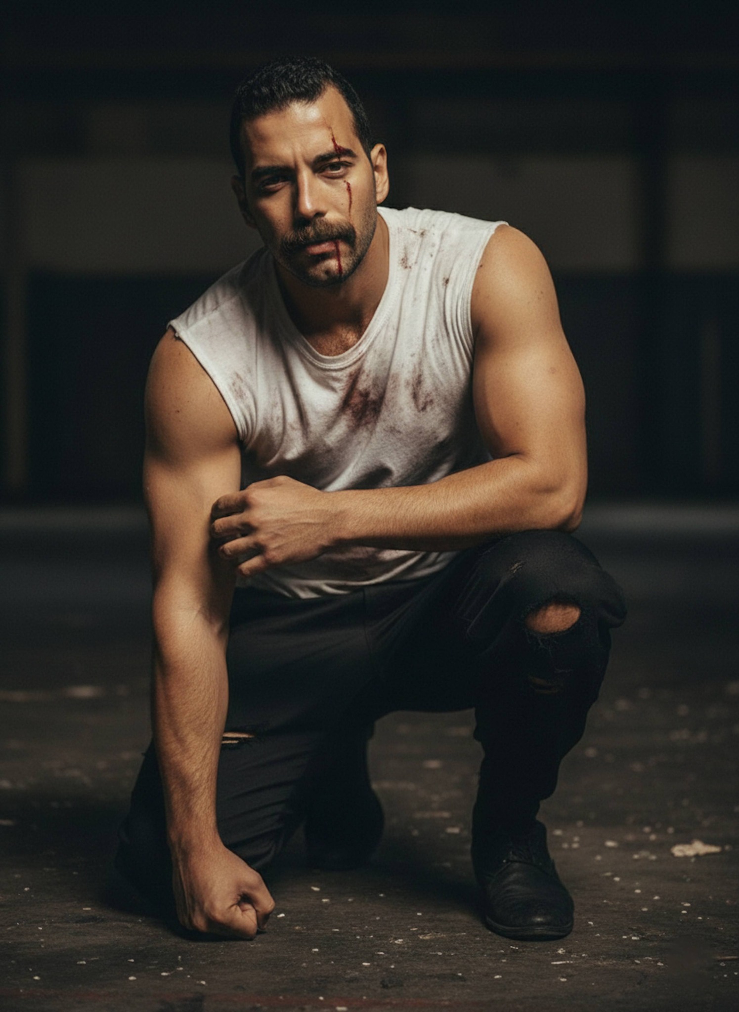 Person kneeling on cracked concrete floor after battle in Baki anime style